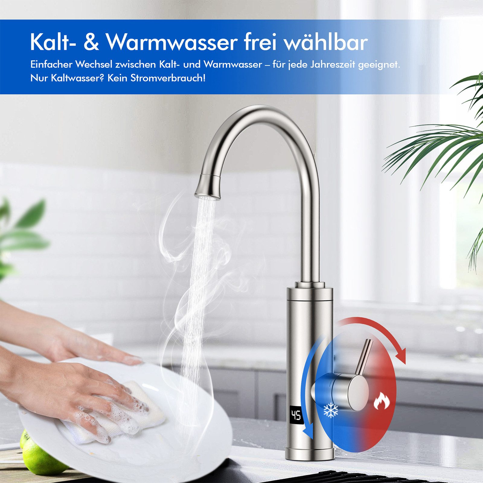 HOMELODY Küchenarmatur Elektrischer Wasserhahn mit Durchlauferhitzer und Digitalanzeige 3300W Sofort Warmwasserhahn für Küche aus Edelstahl mit G3/8 Anschluss – Bild 4 von 5
