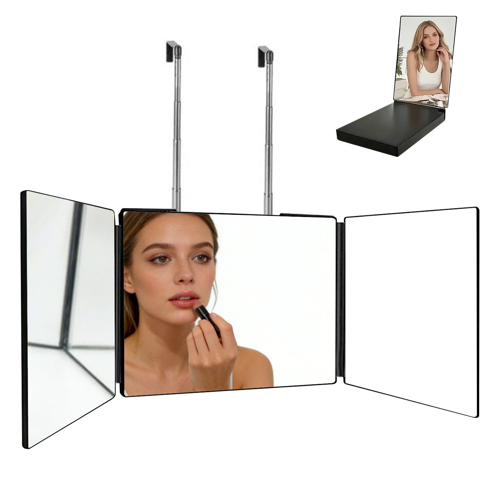 Nettlife Schminkspiegel Schwarz Tragbarer 3-fach Spiegel kosmetik 360 grad Klappbar 90cm, für Gesicht, Haare & Schminken