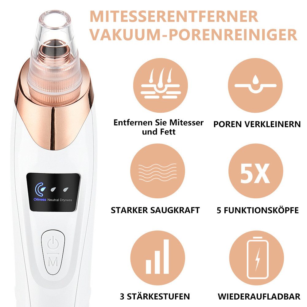TUWENA Porenreiniger Mitesserentferner Porenreiniger, Pickelsauger mit 5 Saugkraft, 3 Modi, Zur Gesichtsreinigun Akne Weißkopf Mitesser Pickelsauger Hautpflege