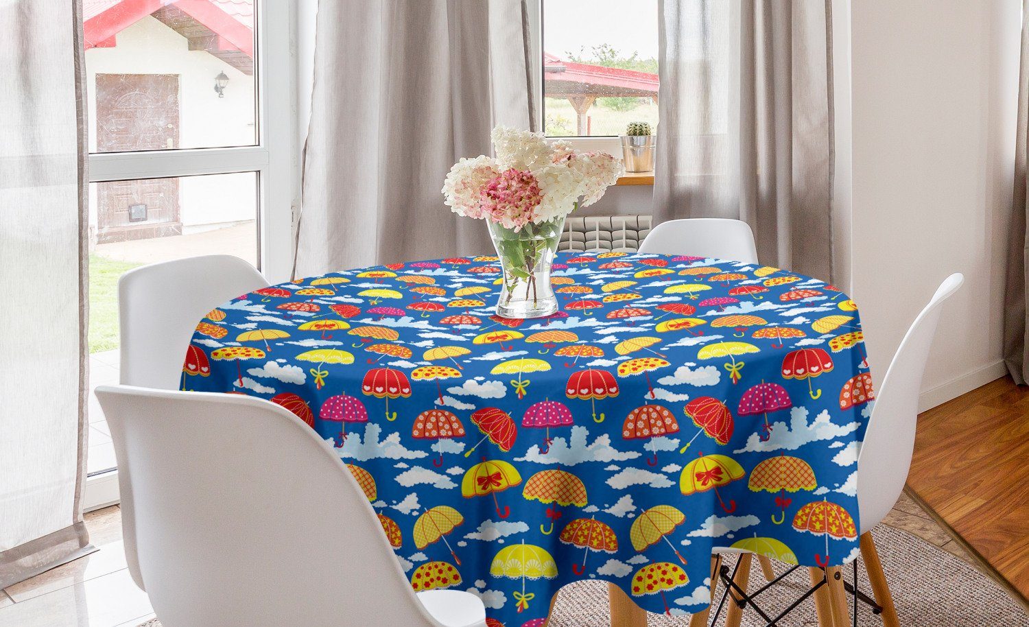 Abakuhaus Tischdecke Kreis Tischdecke Abdeckung für Esszimmer Küche Dekoration, Regen Bunte Regenschirme in den Himmel