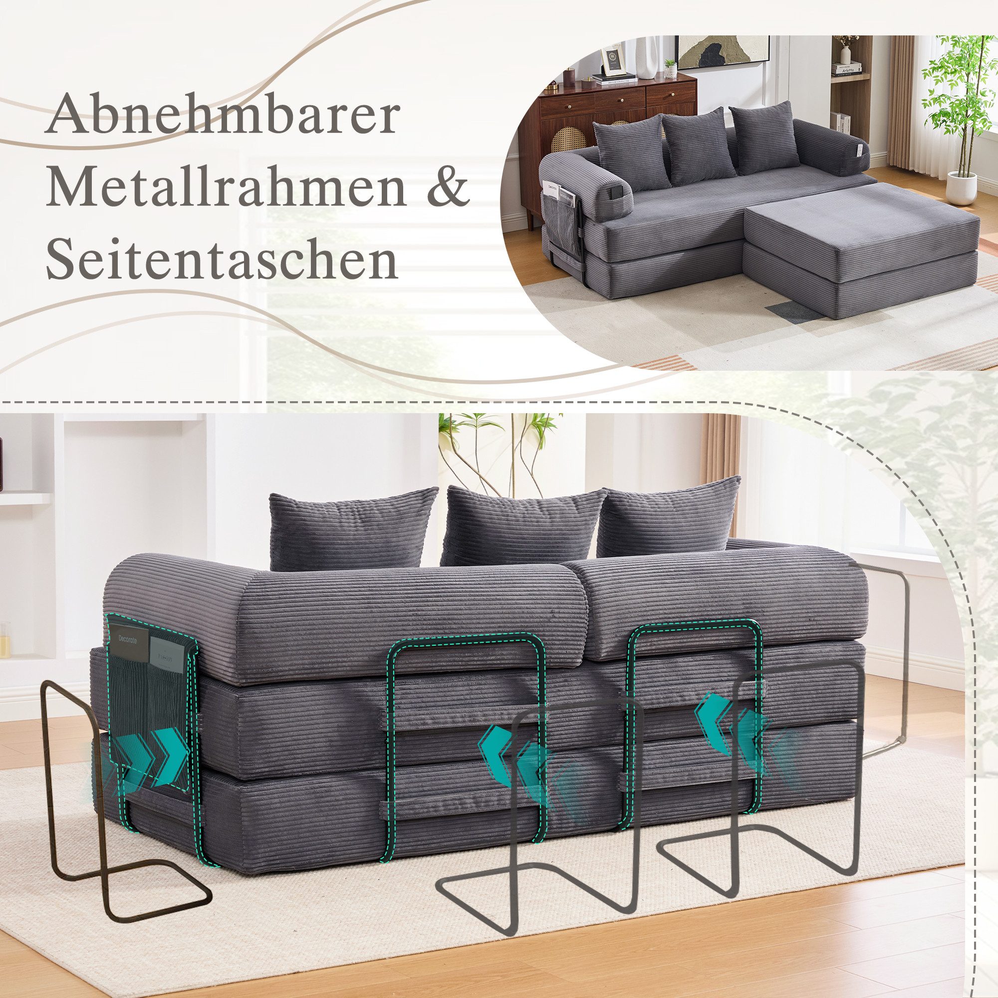REDOM Sofa Kompressionssofa modulares 2‑in‑1-System mit Hocker, inkl. 3 Kissen und Seitentasche, stabiler Metallrahmen, dicke Polsterung für komfortables Sitzen, flexibel kombinierbar