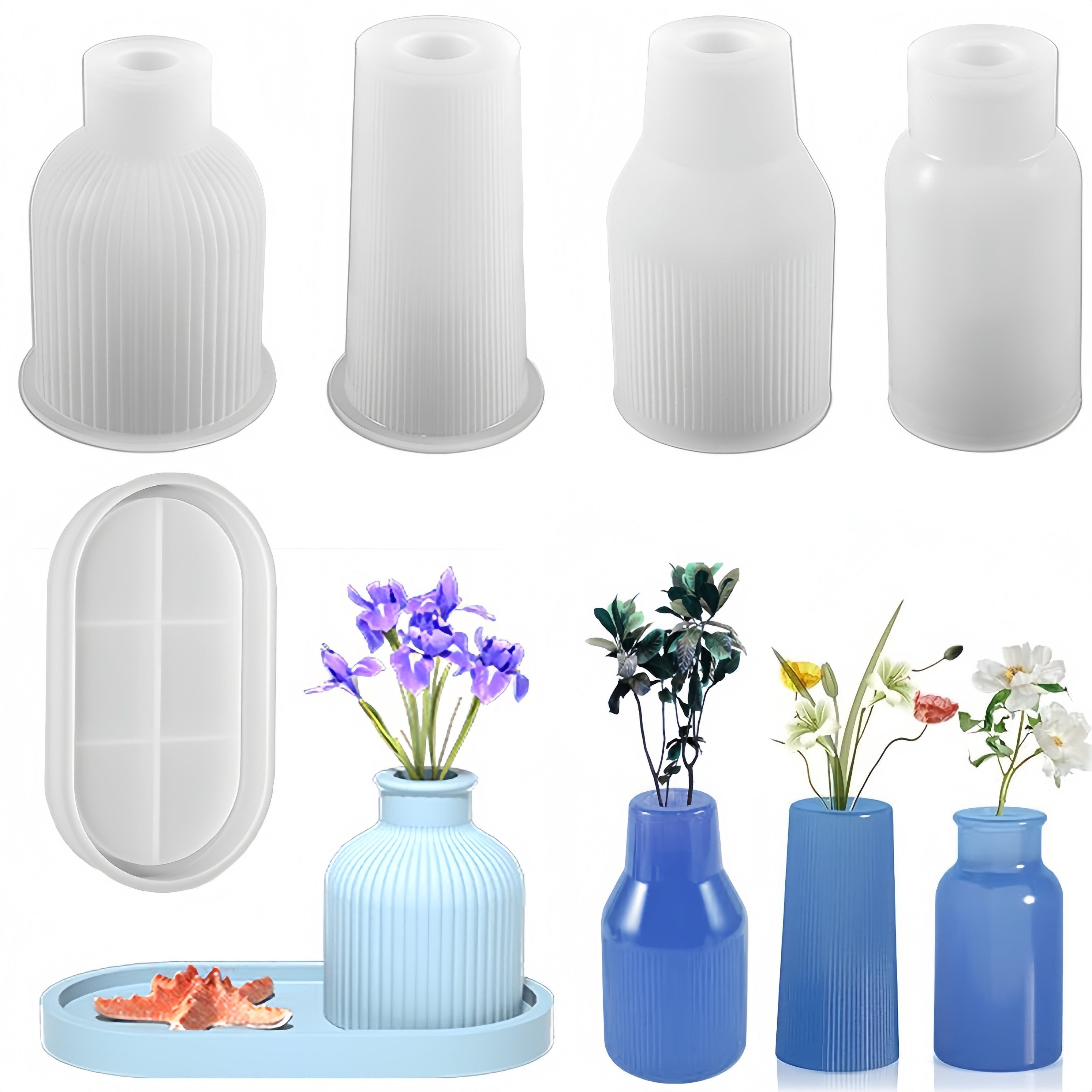 FOUORTUNATE-BEE Backform Silikon Gießformen Set 6tlg Vasen Formen DIY Gießform Set, DIY Silikonformen Set Vasen Formen mit Untersetzer und Tablett