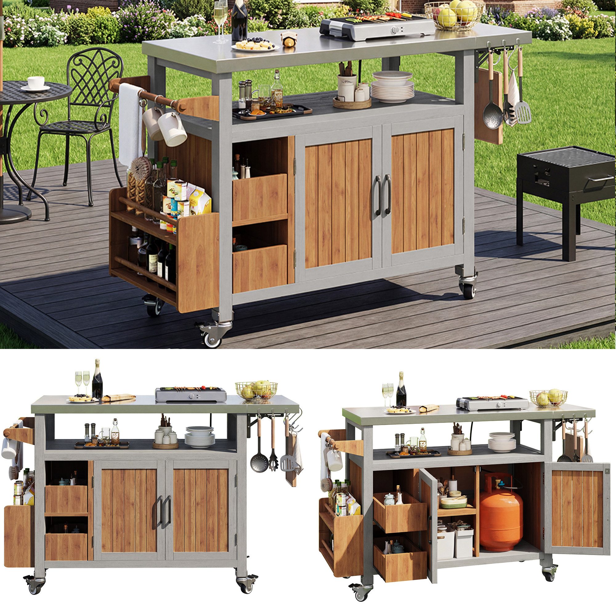 Flieks Servierwagen Outdoor Grillablagetisch Grillwagen mit Arbeitsplatte aus Edelstahl, (1 St), Garten Beistelltisch mit ausziehbarer Seitenablage & Haken, Massivholz