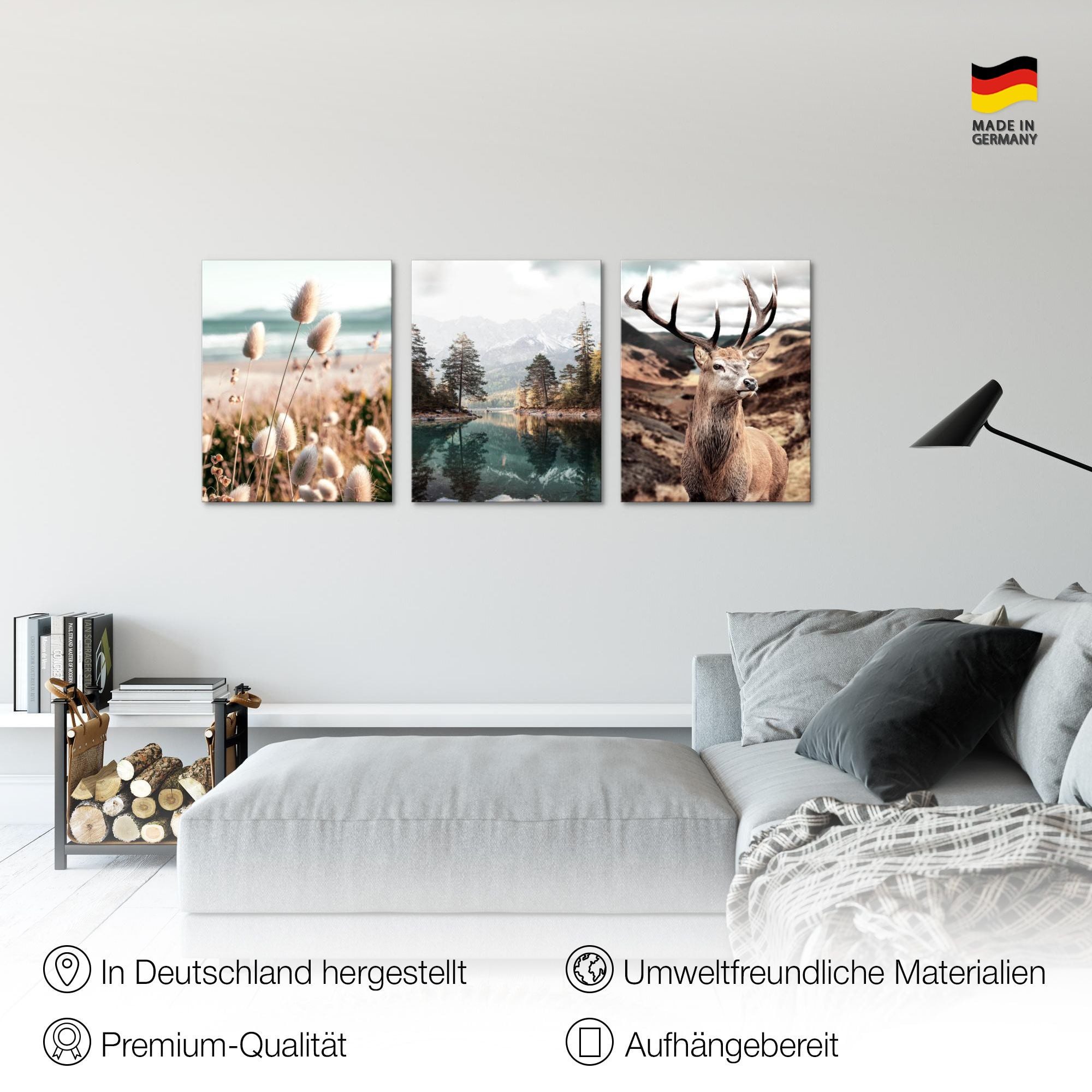 Novart Wandbild Wald Natur Bilder Set 3 Teilig Wohnzimmer Schlafzimmer Deko, Berge Hirsch – Bild 2 von 5