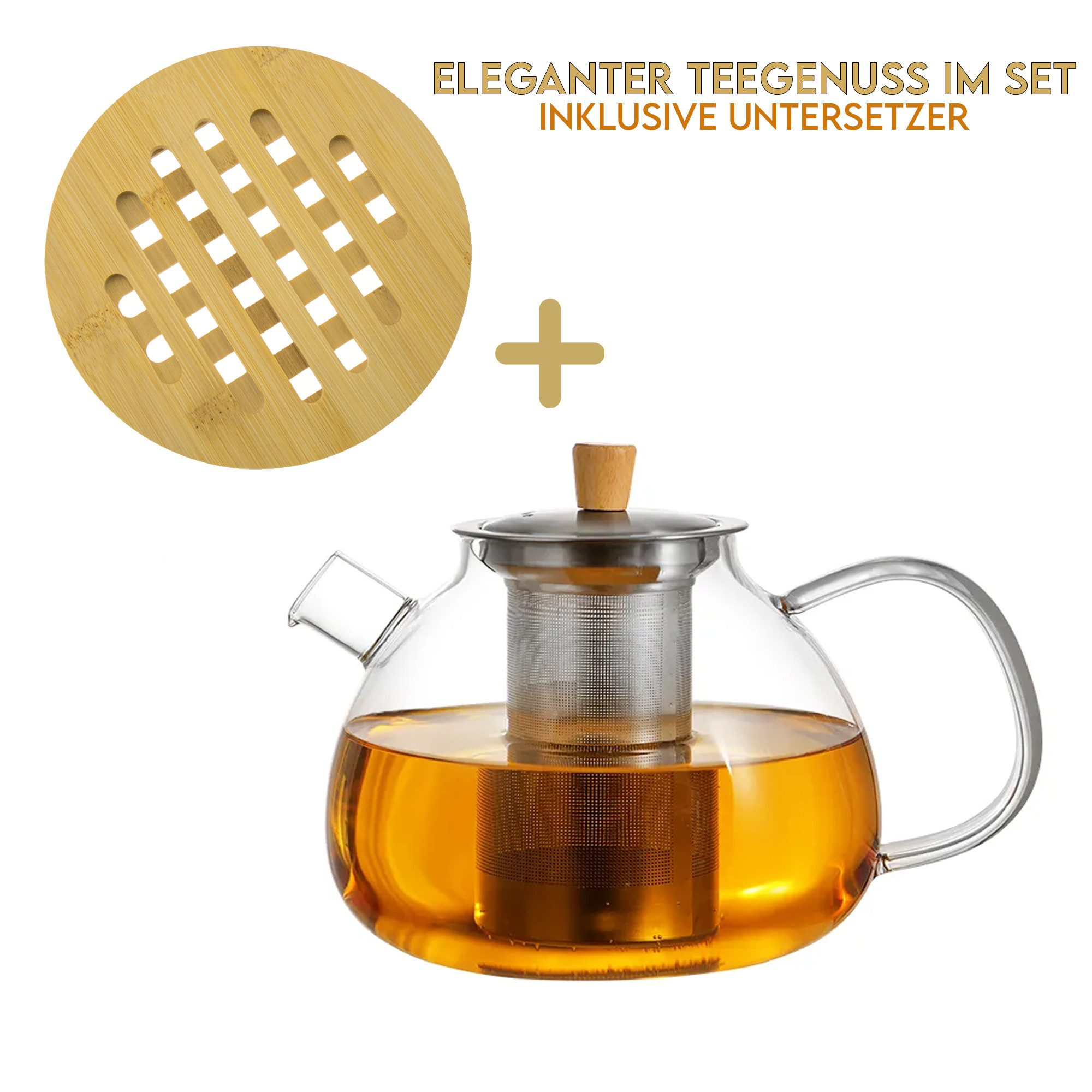 hausleben Teekanne Glas mit Edelstahl-Sieb Untertelle 1,5 Liter, (1-St), Bambus Unterteller Tropffrei, Hitzebeständig, Spülmaschinenfest