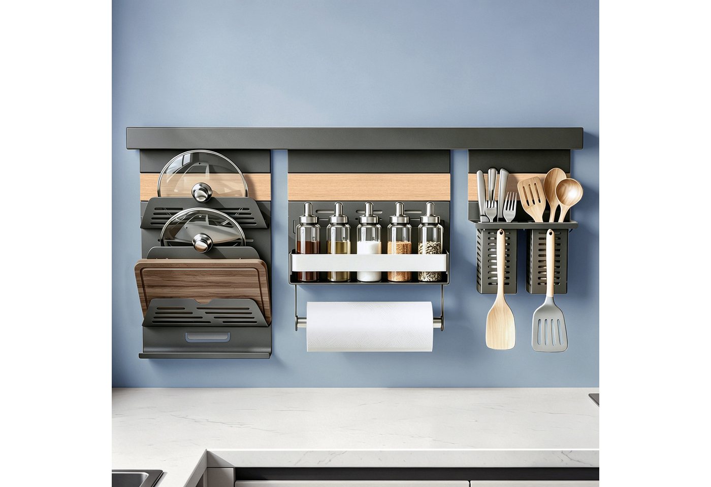 doporro Küchenregal Küchenorganizer-set Multifunktional aus Metall Wandmontage 52/82cm, 52-cm-Schiene trägt bis zu 10.5kg, 82-cm-Schiene trägt bis zu 15kg