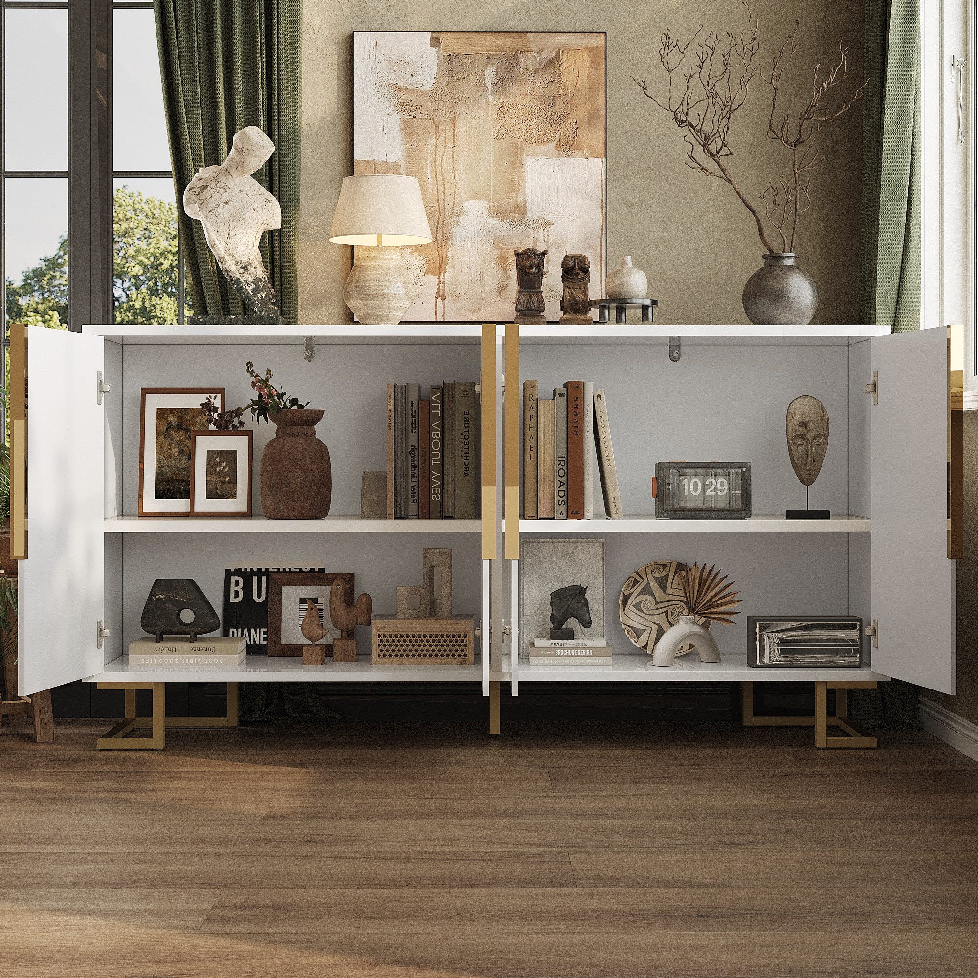 STILVORA Sideboard Buffetschrank in Wellendesign,Schrank Beistellschrank mit Stauraum (Elegantes Sideboard mit geometrischem Design, goldenen Akzenten und Kippschutz)