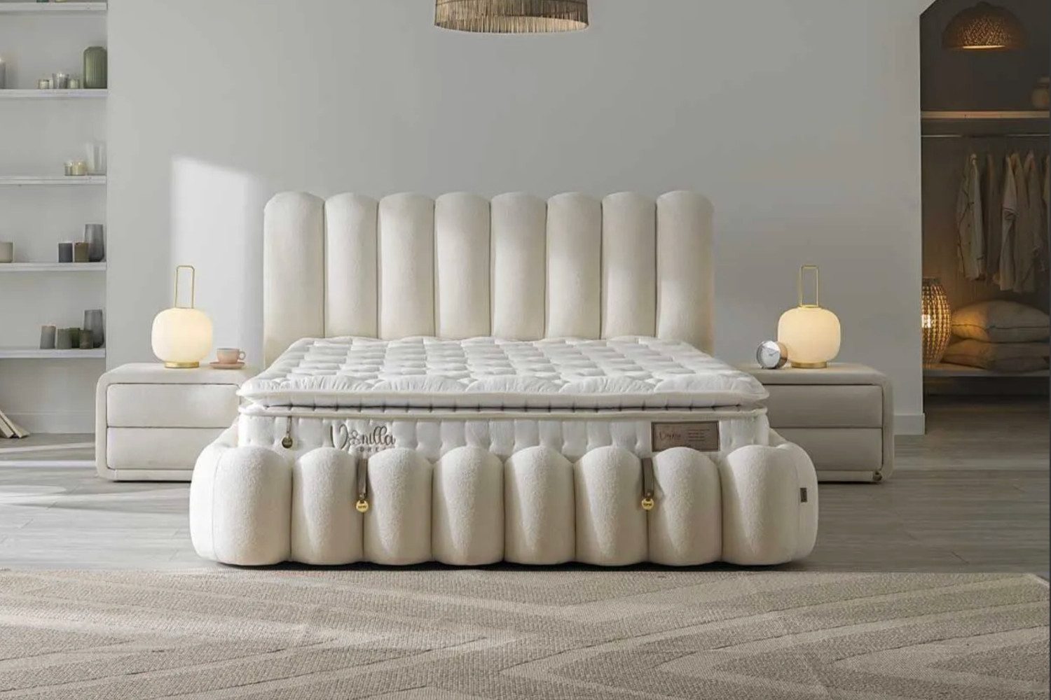 BAMBI YATAK Boxspringbett Set, Bambi Vanilla, Schlafzimmerbett, Matratze mit Topper, H3 Mittel (1 x H3 Mittelfest Matratze, 2 x Bettkasten, 1 x Bettkopfteil), Taschenfederkern, Matratzenhöhe: 34 cm