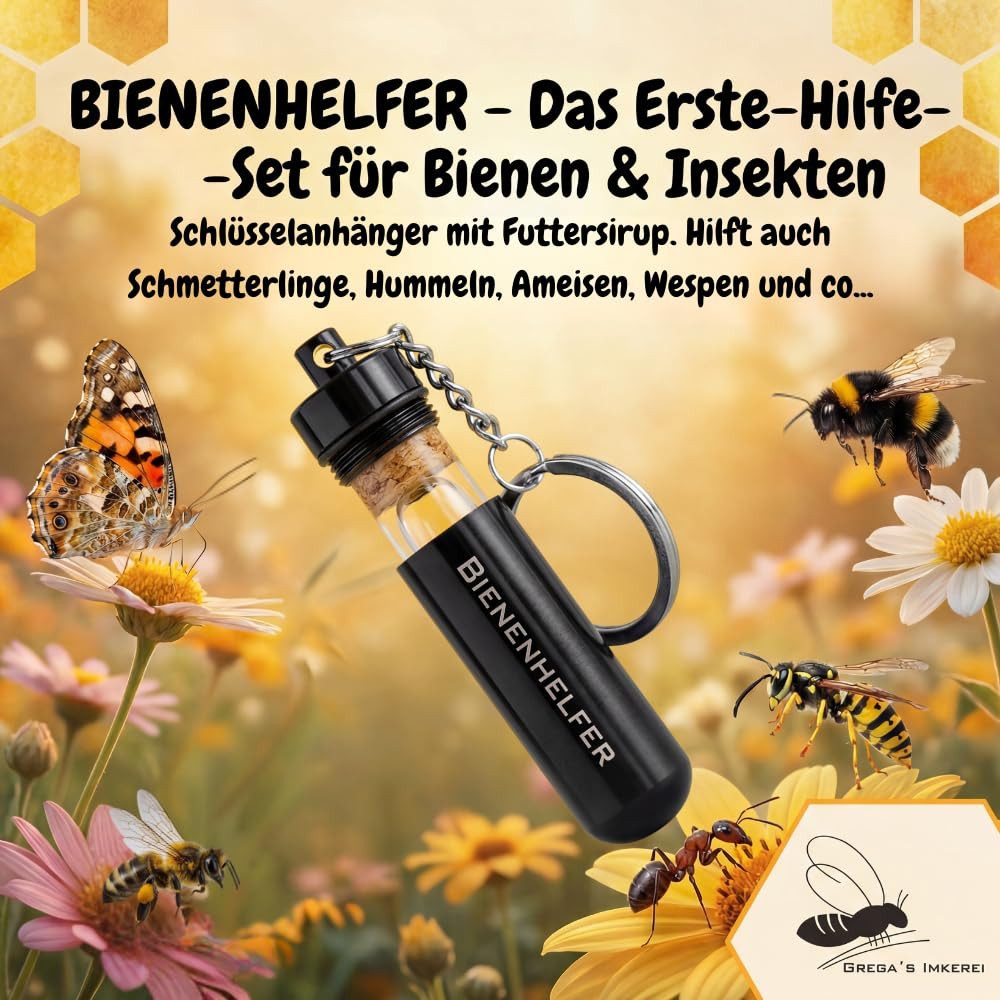 Grega´s Imkerei Insektenhotel Bienenhelfer Set Erste-Hilfe-Schlüsselanhänger für Bienen & Insekten, (1-St., Speziell entwickelter Futtersirup, hält 12 Monate), Soforthilfe für erschöpfte Wildbienen und Insekten.