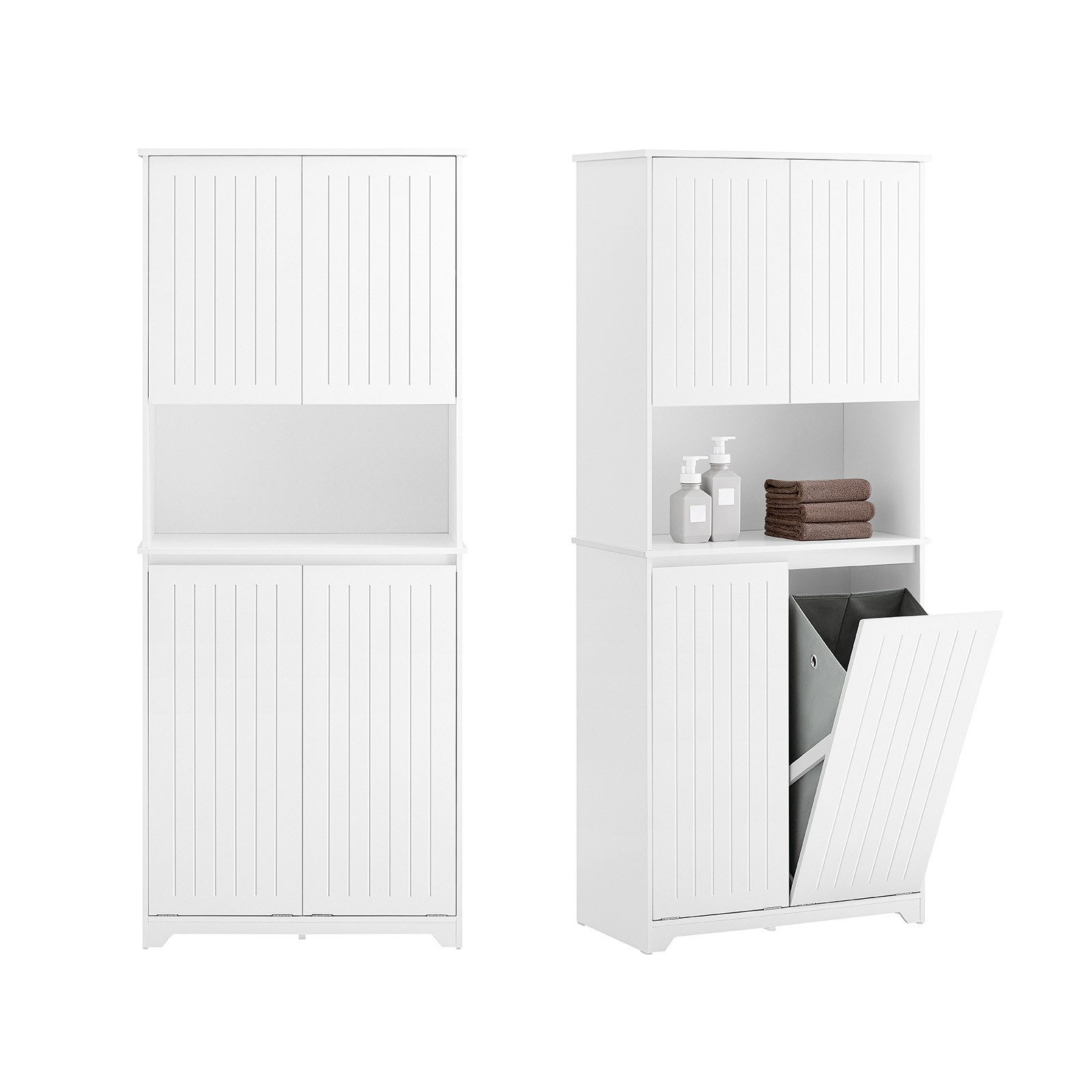 SoBuy Hochschrank BZR150, Badezimmerschrank mit Wäschekorb für Badezimmer, Wäscheschrank Badschrank mit 4 Türen und 2 Wäschekörben, offenes Fach, Soft-Close
