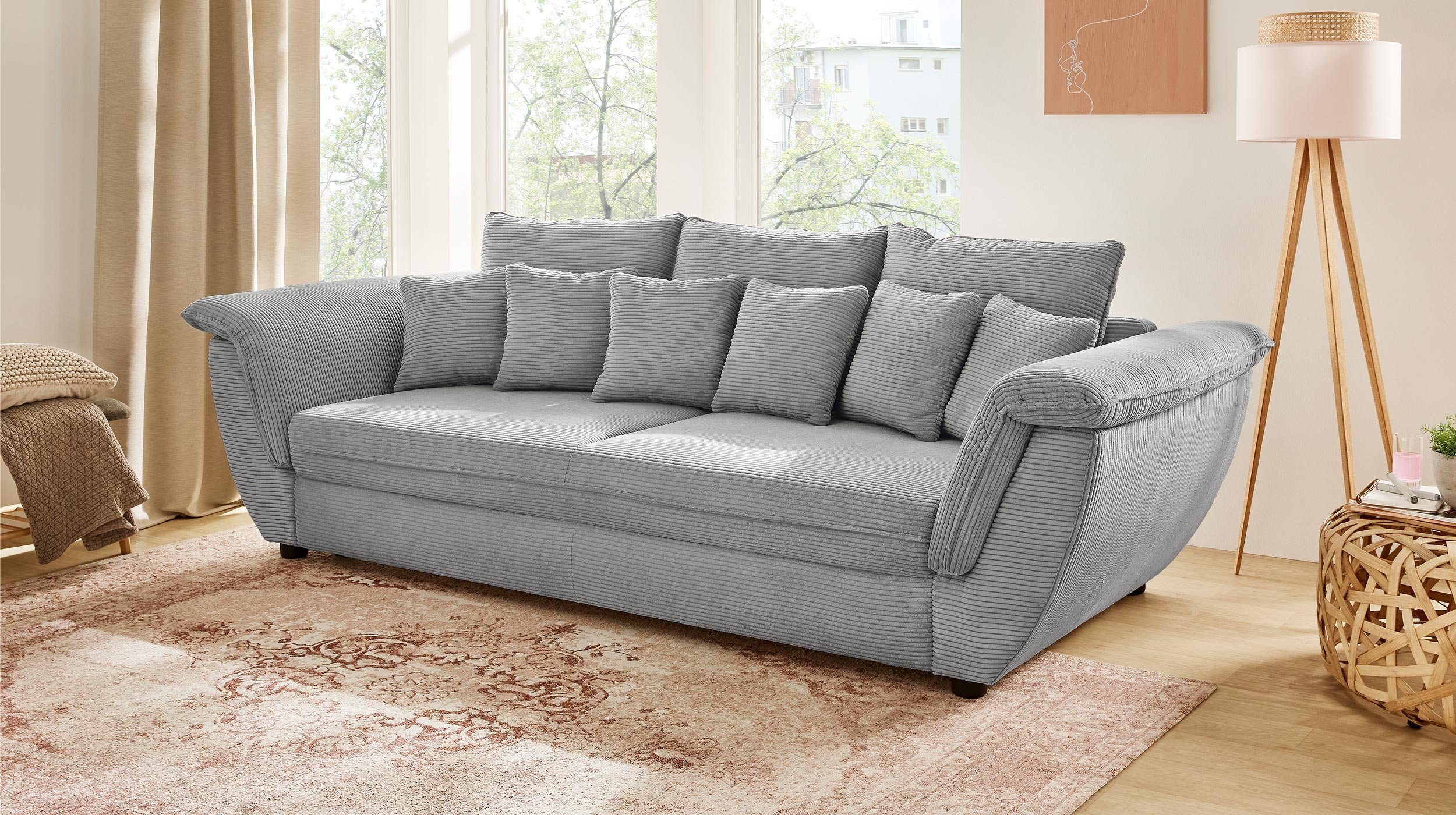 Massivart® Big-Sofa VENJA hellgrau Cordbezug 290 cm 4-Sitzer,  Federkernpolsterung, 3 Rückenkissen, 6 Zierkissen