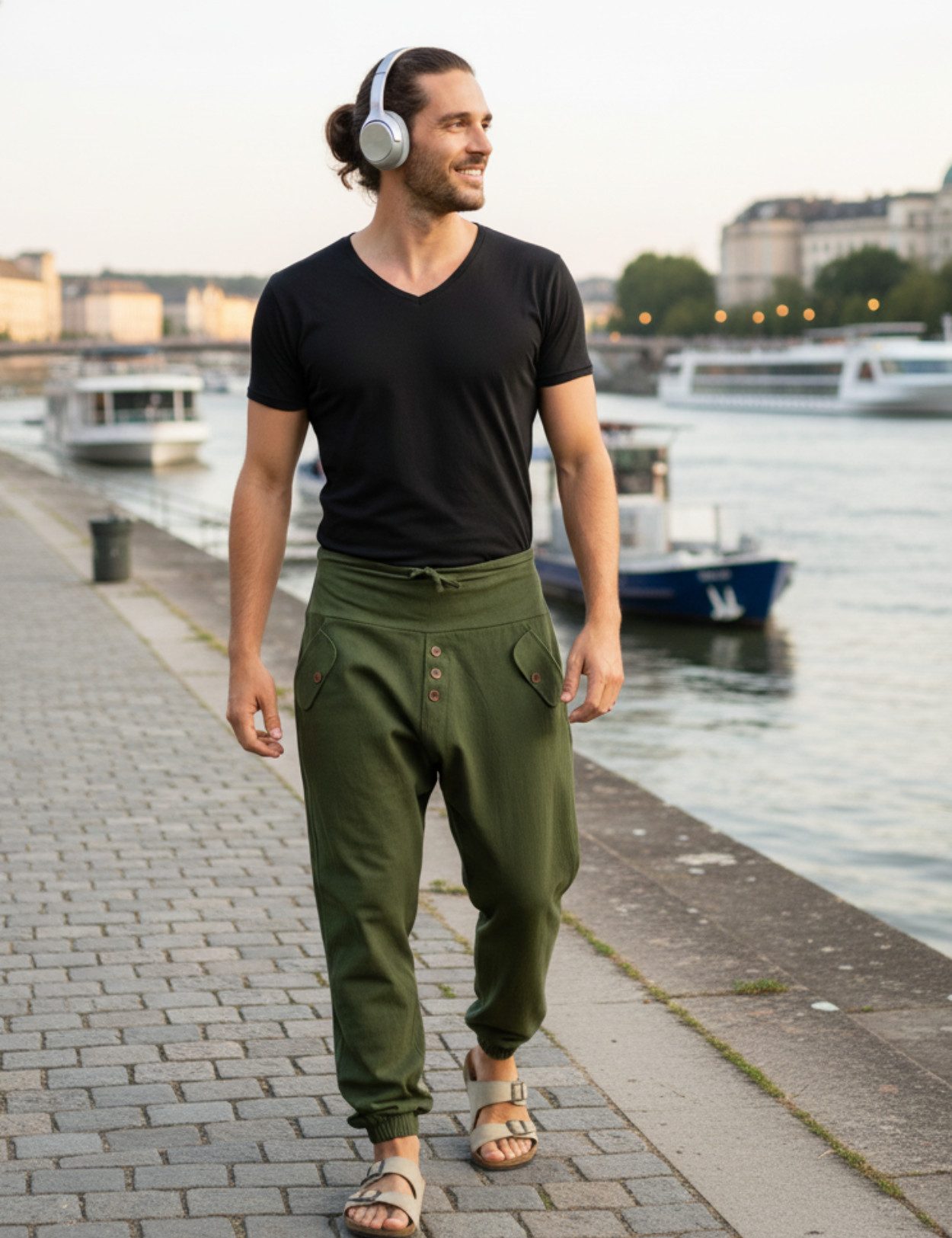 PANASIAM Haremshose Yogipants classic bequeme Freizeithose wie Aladinhose Unisex für Damen und Herren Haremshose Tunnelzug vorne Gummiband hinten