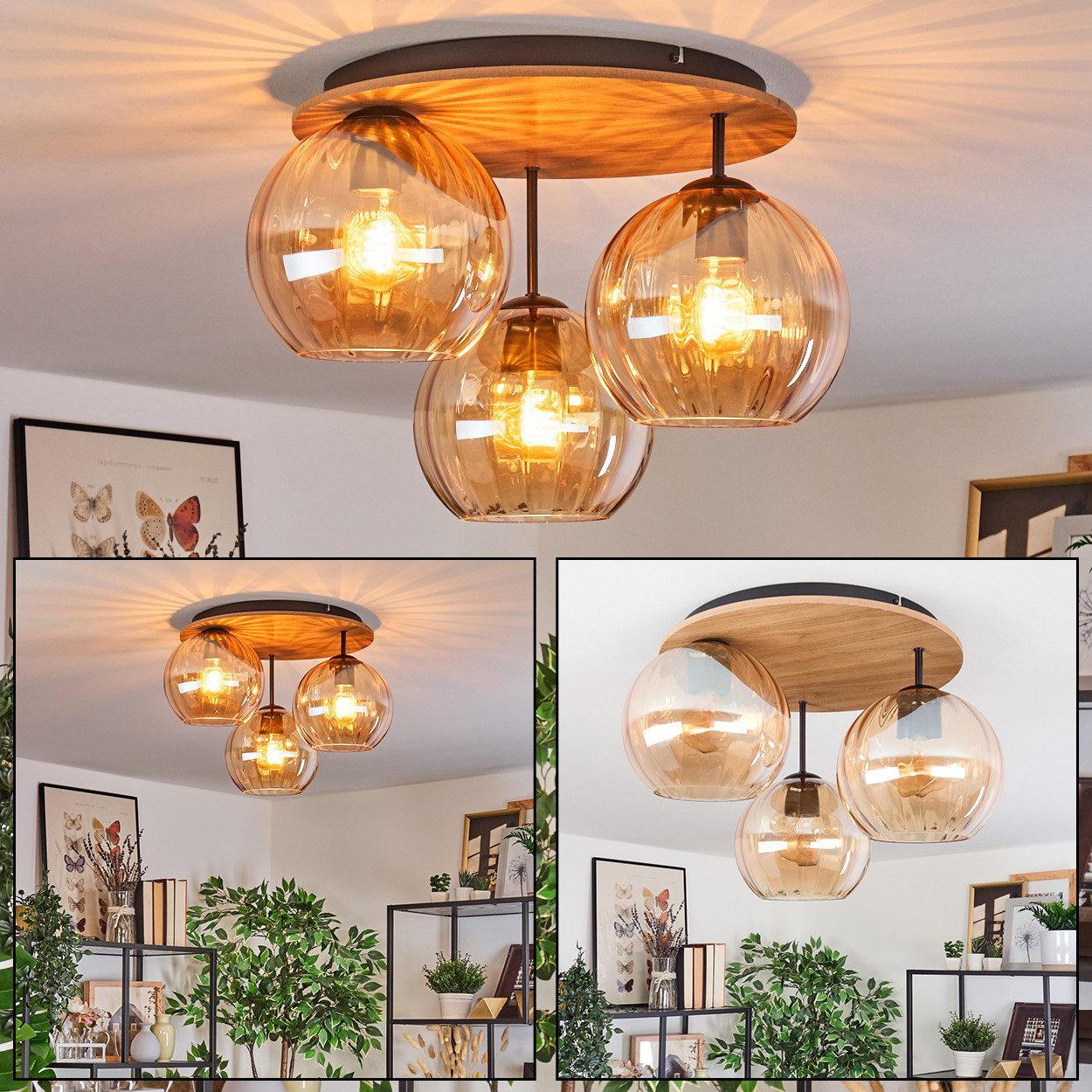 hofstein Deckenleuchte Deckenlampe aus Metall/Holz/Riffelglas in Schwarz/Na günstig online kaufen