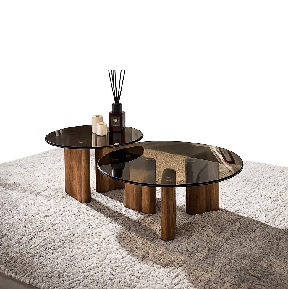 LEVEN Lifestyle Couchtisch MONARI 2´er Set Wohnzimmertisch mit Glasplatte rund braun (Set, 2´er Set), Tischplatte aus Sicherheitsglas / Rauchglas