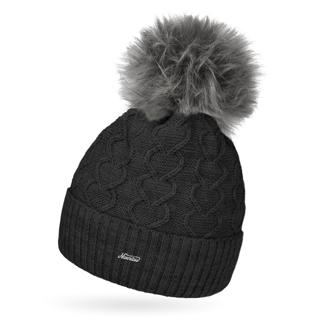 Bommelmütze Damen Strick-Mütze Fell-Bommel Kunstfell Bommelmütze Fleece-Futter Her
