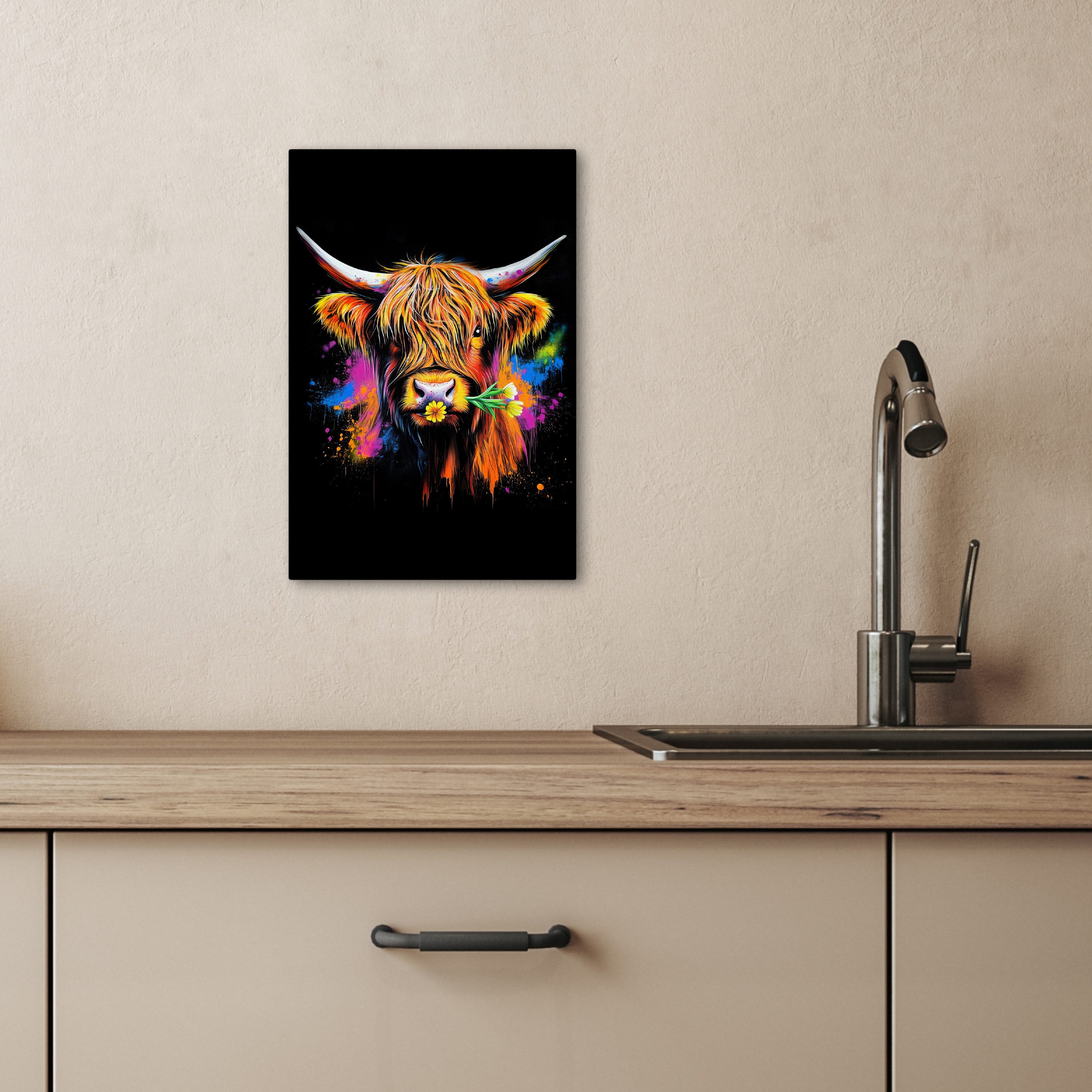 OneMillionCanvasses® Leinwandbild Schottischer Highlander - Graffiti - Bunt - Blume - Tiere, Fotodruck (1 St), Wandbilder für Esszimmer, Wanddeko Bilder Küche 20x30 cm