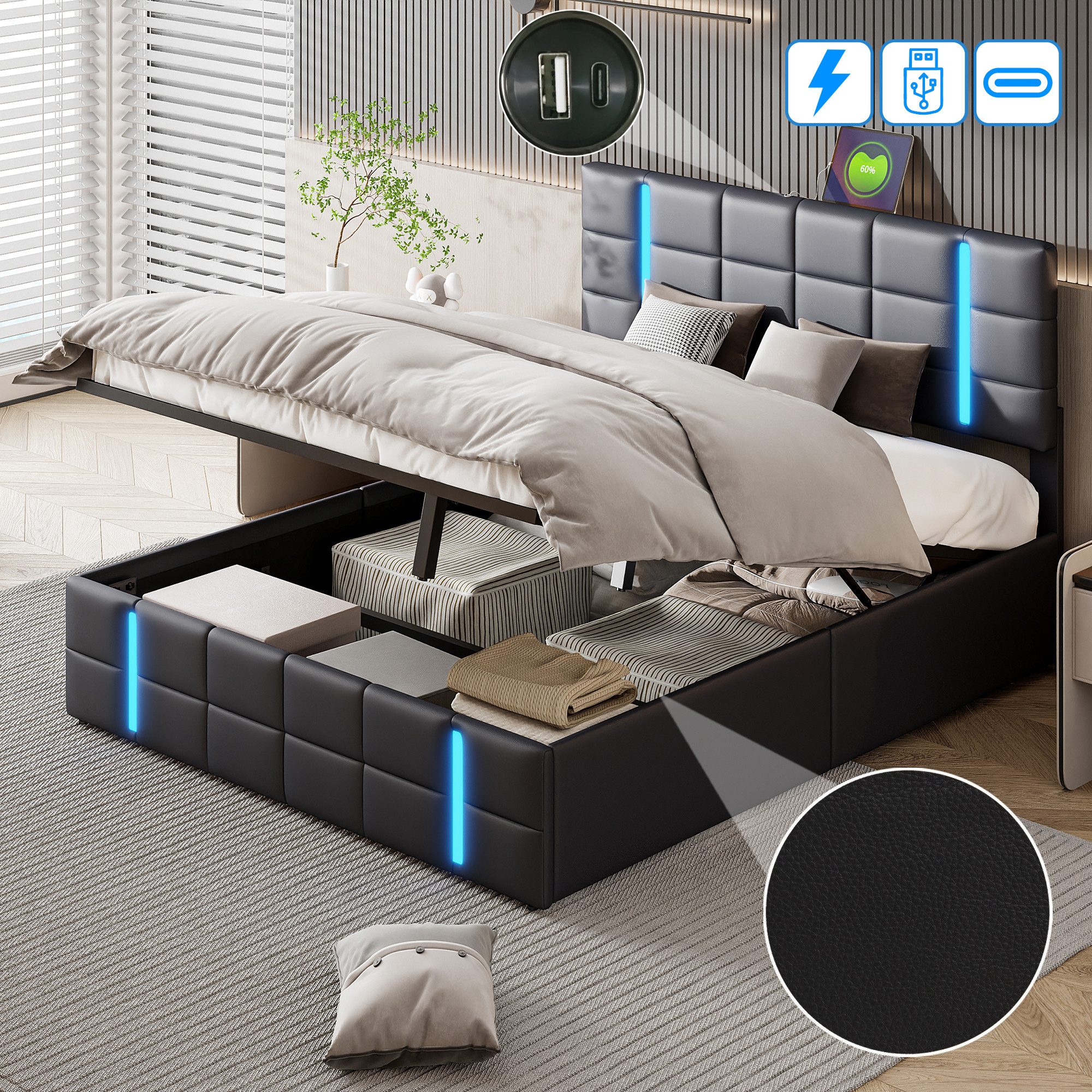 Polsterbett LED Doppelbett Stauraumbett 160x200 cm Schwarz mit Bettkasten