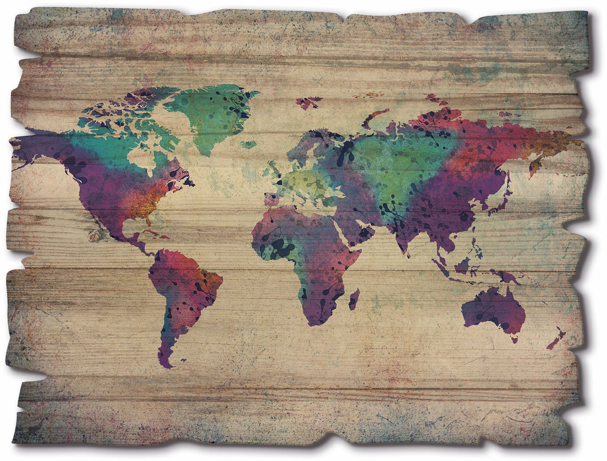 Holzbild bunte Weltkarte