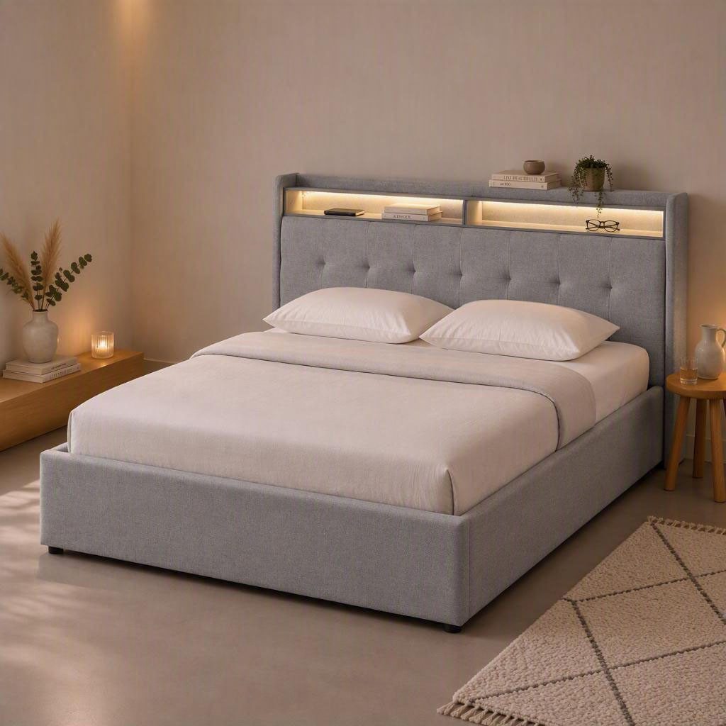 OTTO home Polsterbett Hamar, beleuchtetes Regal, USB/ USB-C, bis 250 KG belastbar (Liegefläche 140x200cm, Farbe Grau), LED-Licht und USB und USB-C Ladegerät im Kopfteil, Knopfsteppung