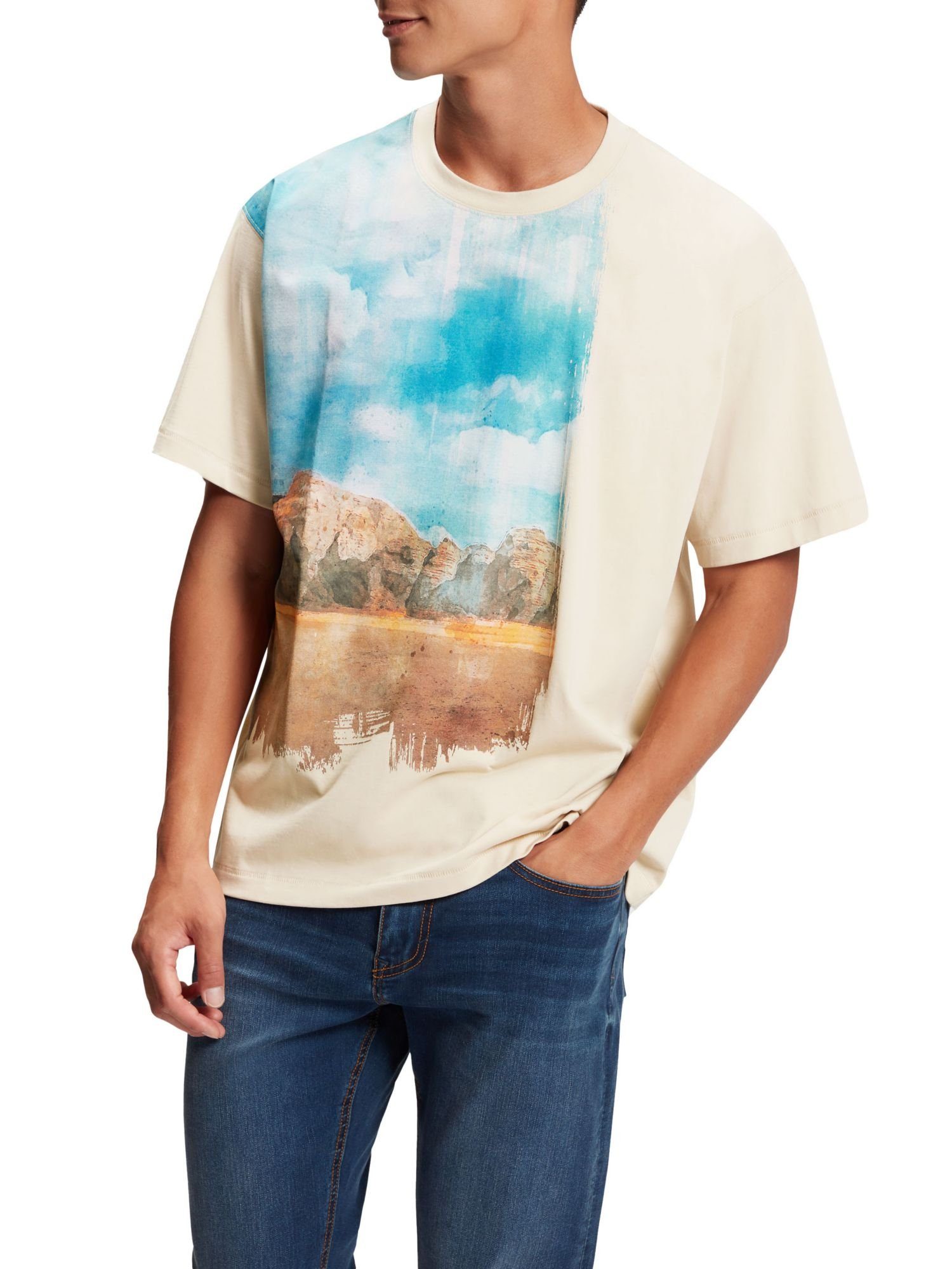 T-Shirt BEIGE Esprit T-Shirt mit (1-tlg) digitalem vorne Landschafts-Print