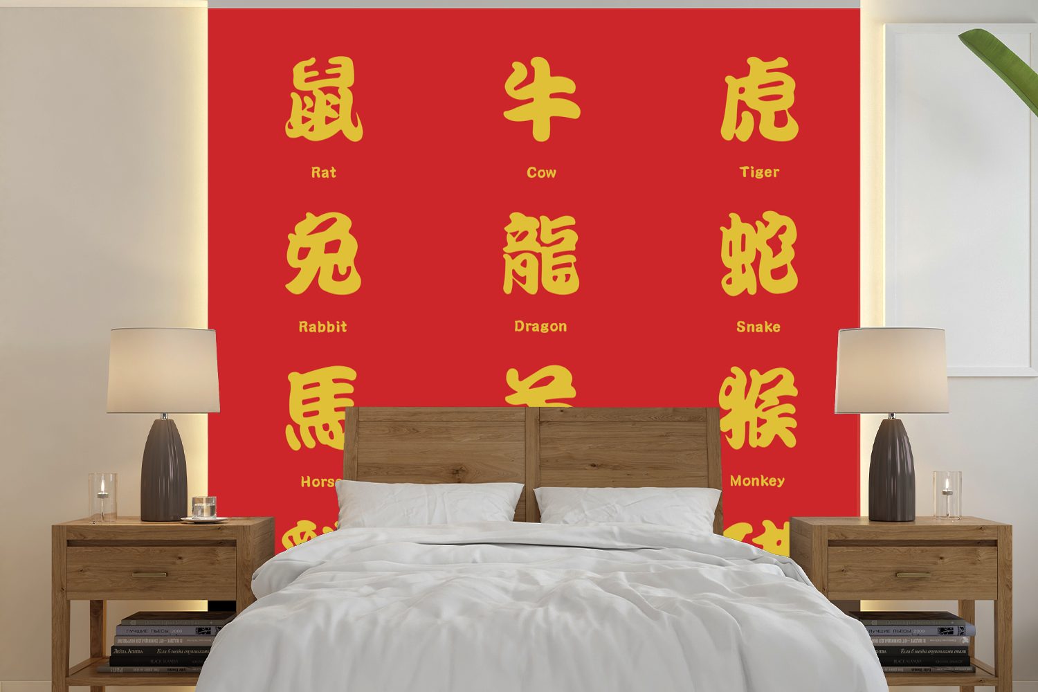 MuchoWow Fototapete Chinesische Schriftzeichen für Tiernamen in Gold, Matt, bedruckt, (5 St), Vinyl Tapete für Wohnzimmer oder Schlafzimmer, Wandtapete