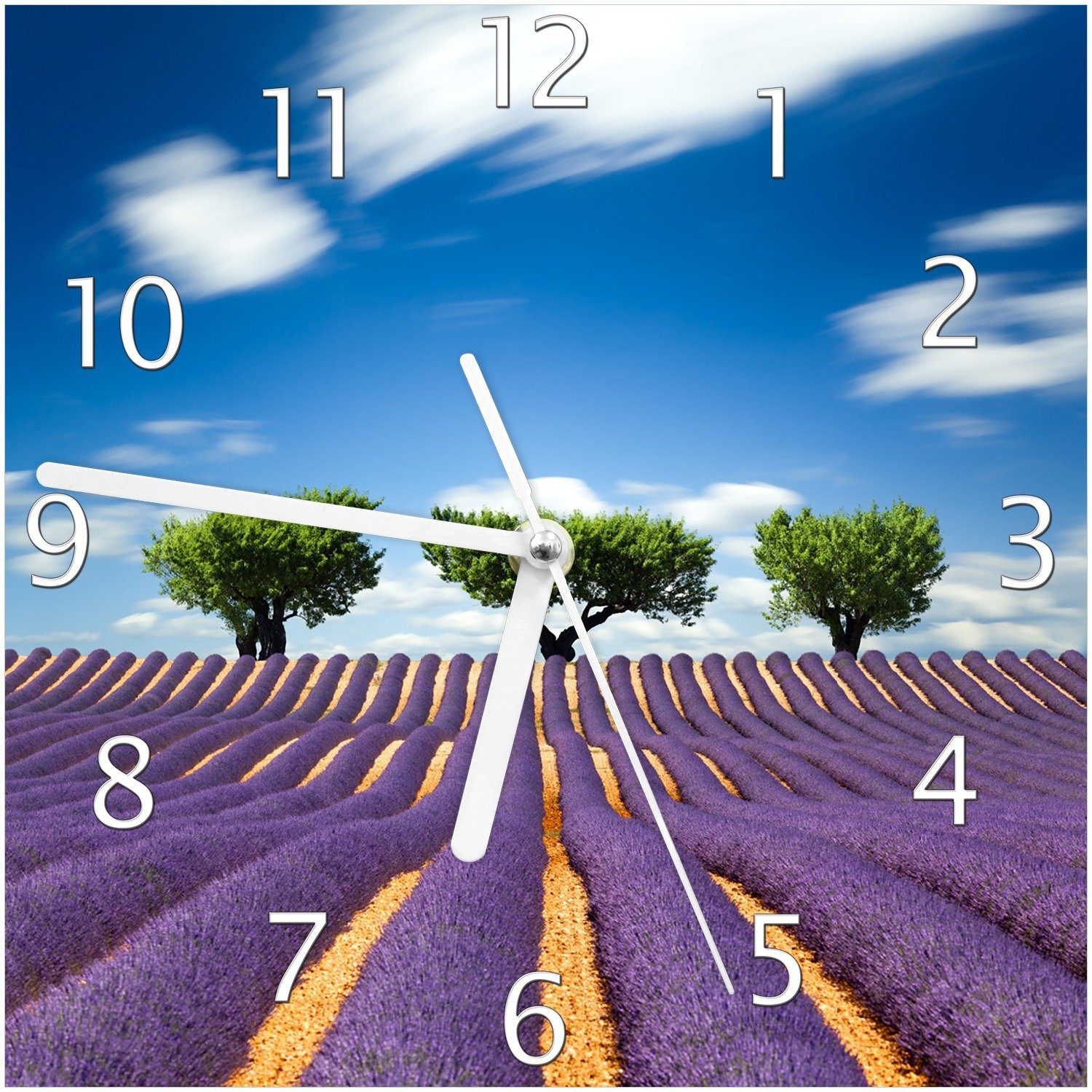 Wallario Wanduhr Abstraktes lila Blumenfeld mit Lavendel (Glasuhr)