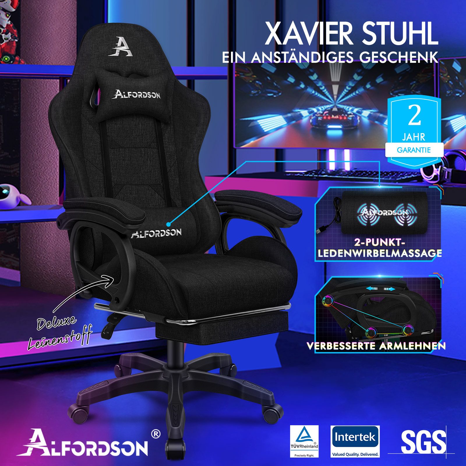 ALFORDSON Gaming-Stuhl mit Massage-Lordosenstütze, ergonomisch, mit Kopfstü günstig online kaufen