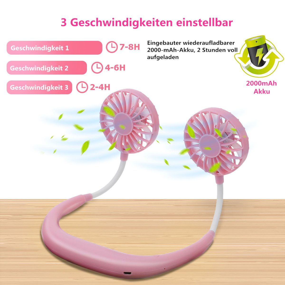 Rosa Nackenlüfter Insma USB-Ventilator, Mini 3 Windgeschwindigkeiten Tragbarer