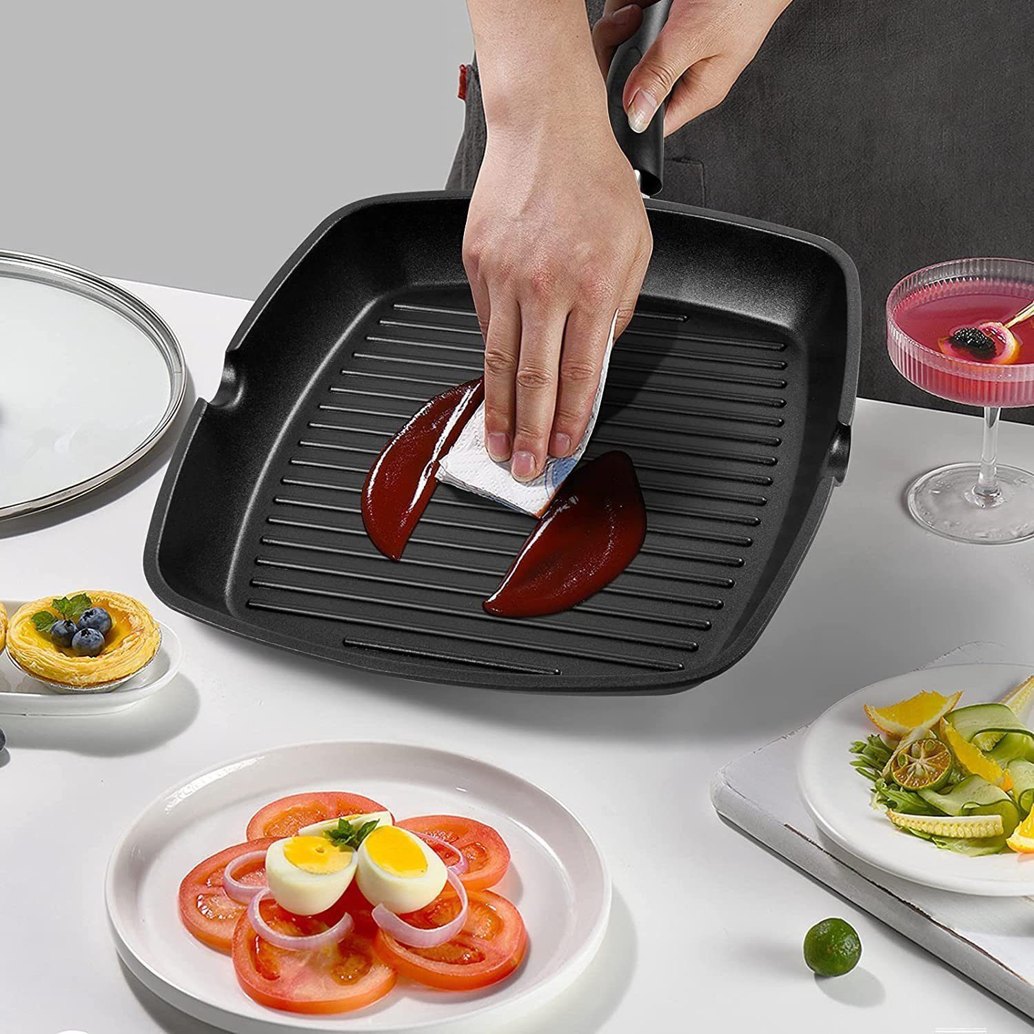 SunJas Grillpfanne Steakpfanne 28x28 cm mit Griff,Antihaftbeschichtet, Aluminium (für alle Herdarten inklusive Induktion), leicht zu reinigen – Bild 5 von 5