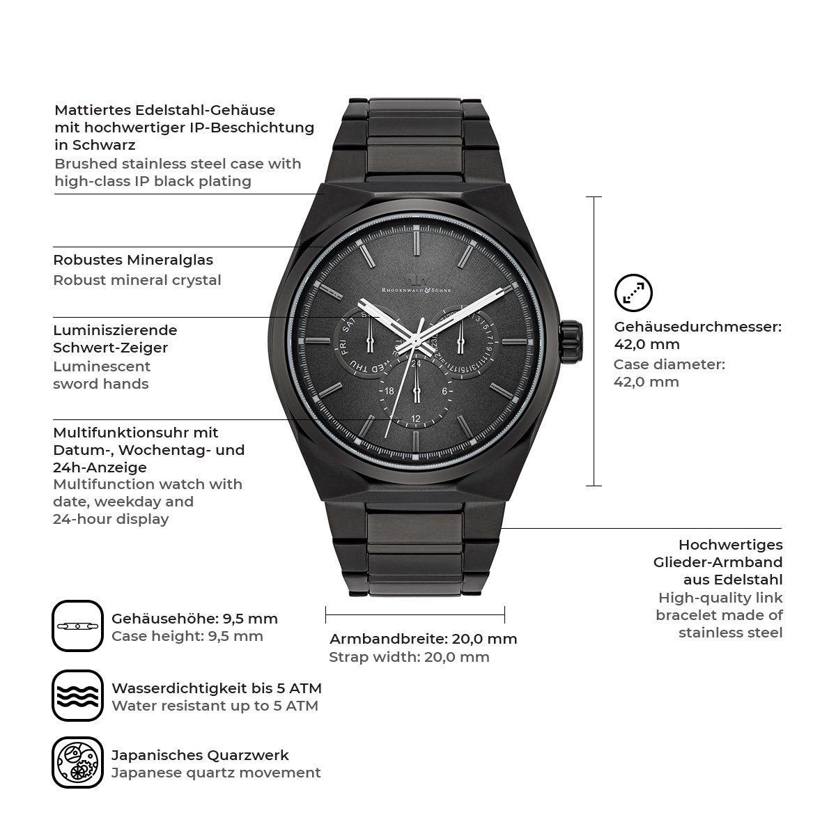 Rhodenwald & Söhne Multifunktionsuhr Cooledge schwarz, aus Edelstahl günstig online kaufen