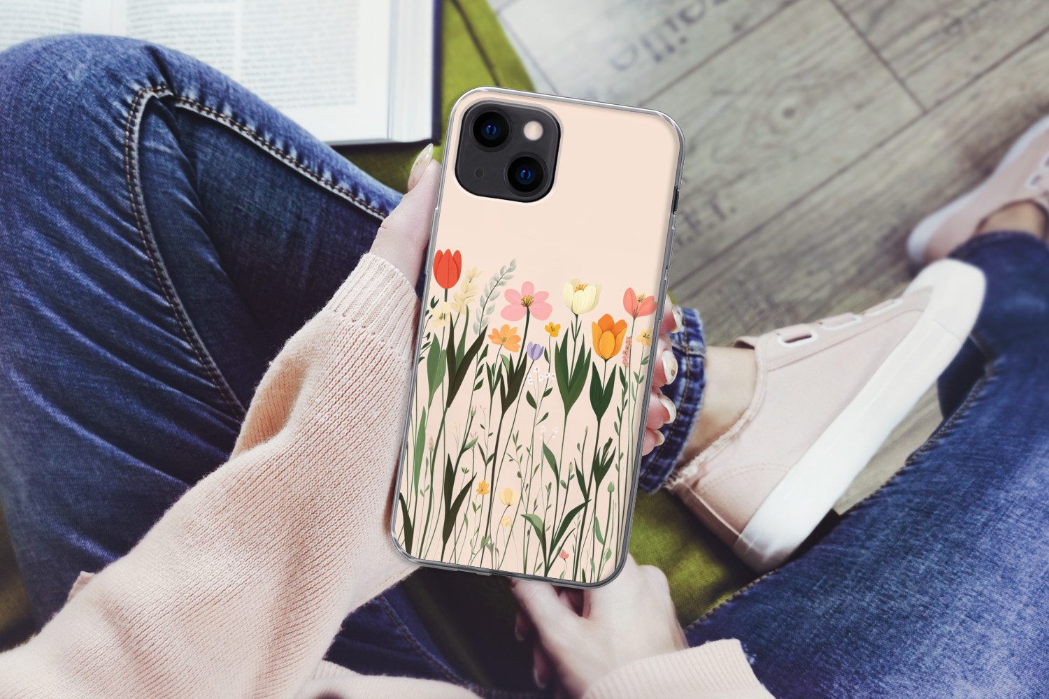 MuchoWow Handyhülle für Apple iPhone 13 Pastelltöne - Blumen - Illustration, Smartphone-Bumper, Print, Handy Schutzhülle Dünn