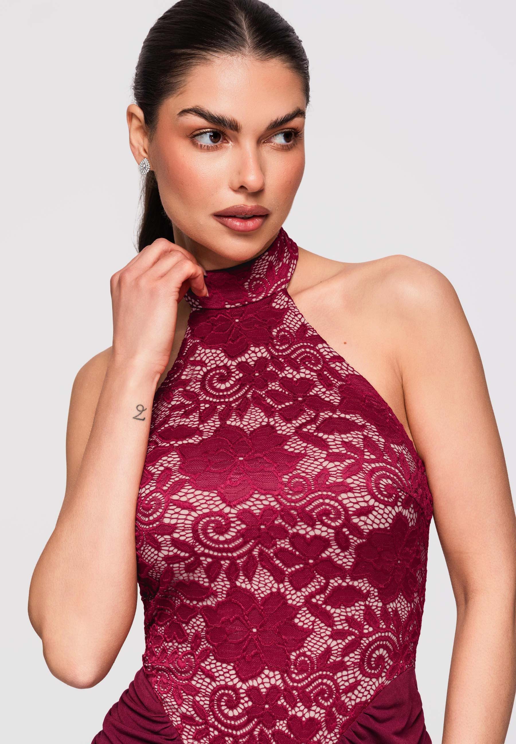 OMBRE Abendkleid Maxikleid Abendkleid mit Spitze Elegant Bordeaux M (kein Set, 1-tlg) Koronkowy panel, geraffter Hüftbereich, offene Schultern und Rücken