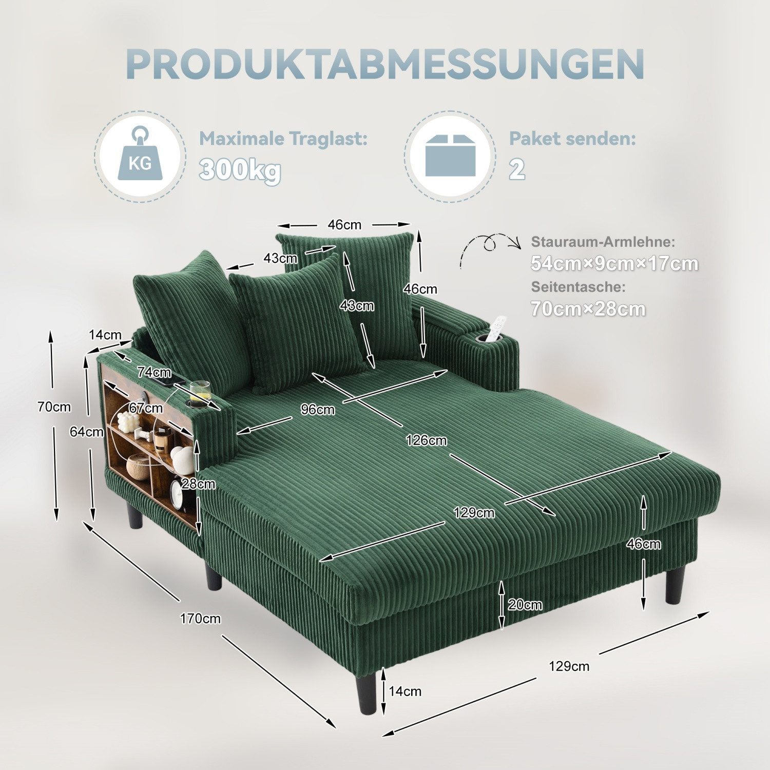 ANYSUN Sessel Cord-Schlafsofa,Relaxsessel Cord,Lesesessel bequem, (mit Chaiselongue & großer Liegefläche, LED-Beleuchtung, Stauraum), Multifunktionale Cord-Lounge,fur Wohnzimmer, Büro & Wohnung,Apartment