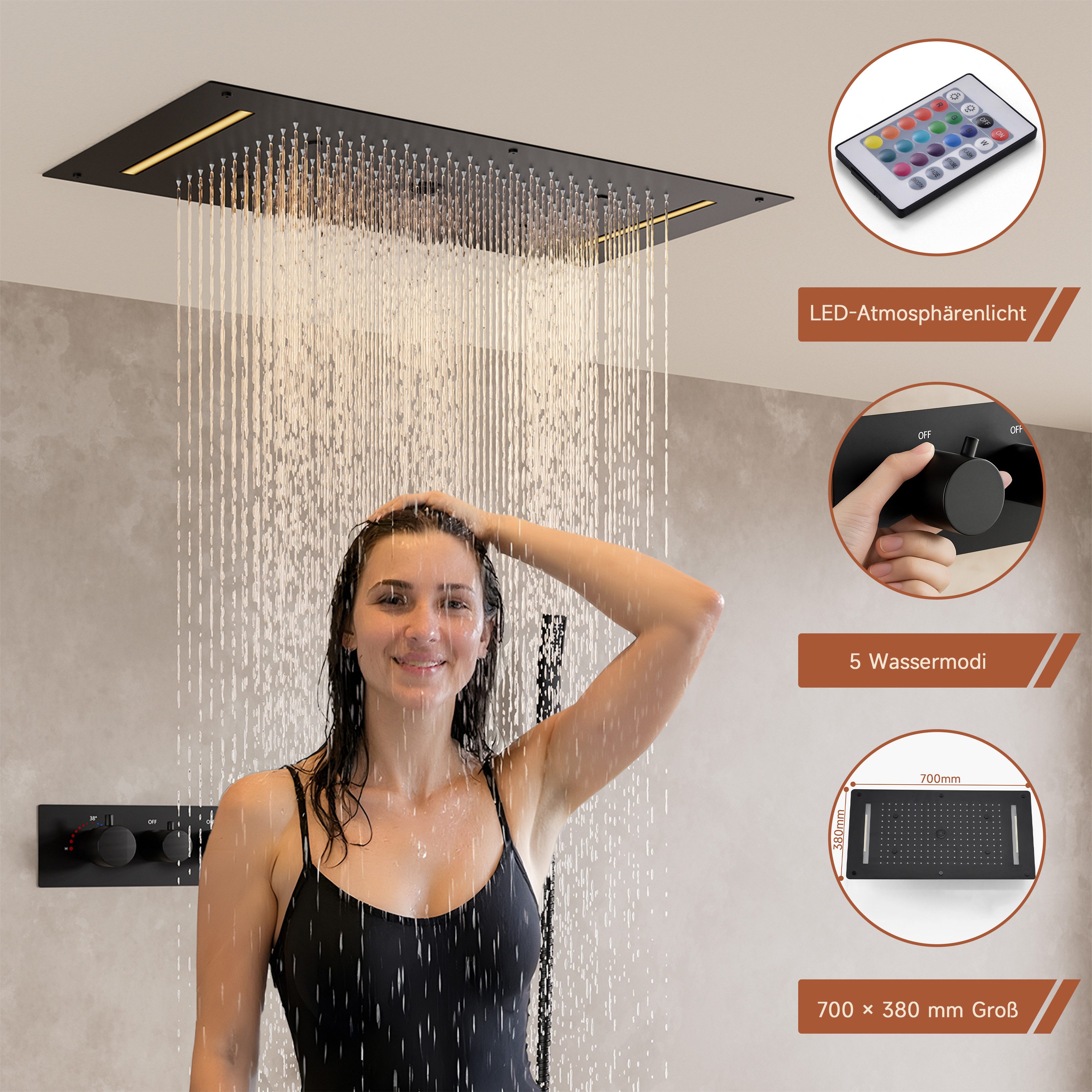 Oihpaw Duschsystem mit thermostat Multifunktionales Regendusche, 1 tlg., Regenmodus, Hydrotherapie Strahl, Handbrause, Massage Wasserfalldusche