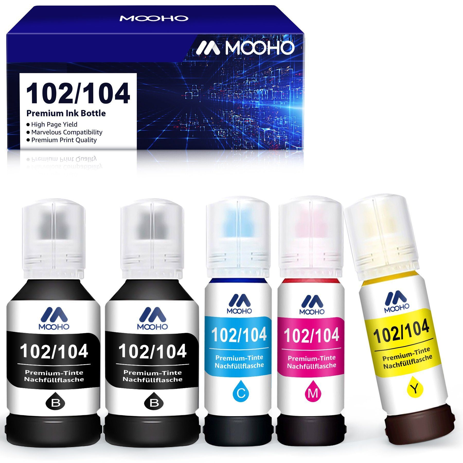 MOOHO 1-5er für Epson 104 Epson 102 ink bottle EcoTank ET-2700 Tintenpatrone (ET-2715 ET-2720 ET-2726 ET-2750 ET-2750 Unlimited ET-2751 ET-2756, 5-tlg., EcoTank ET-2700 ET-2710 ET-2710 Unlimited ET-2711 ET-2712 ET-2714)