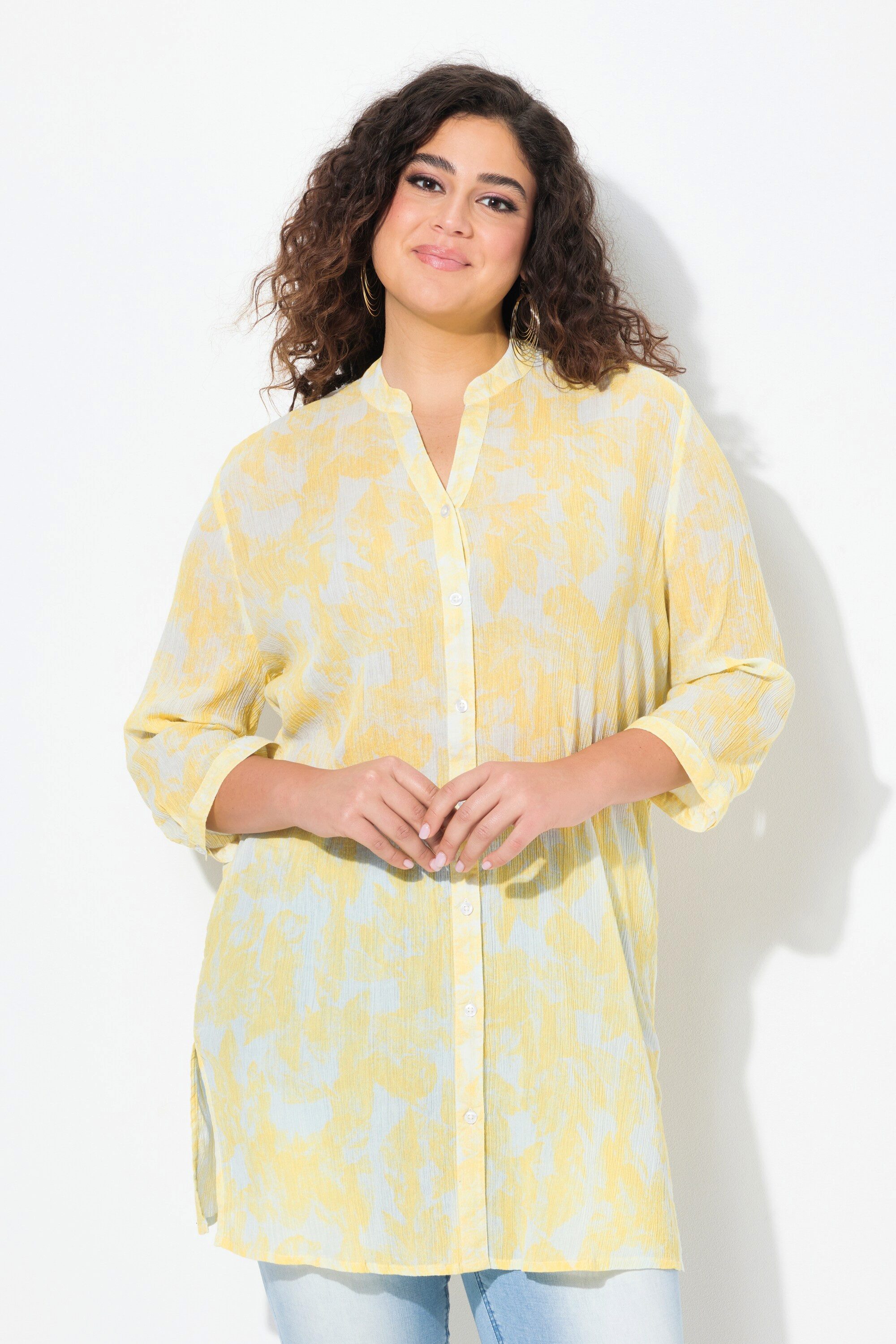 Longbluse Longbluse bedruckt Stehkragen 3/4-Arm Krepp