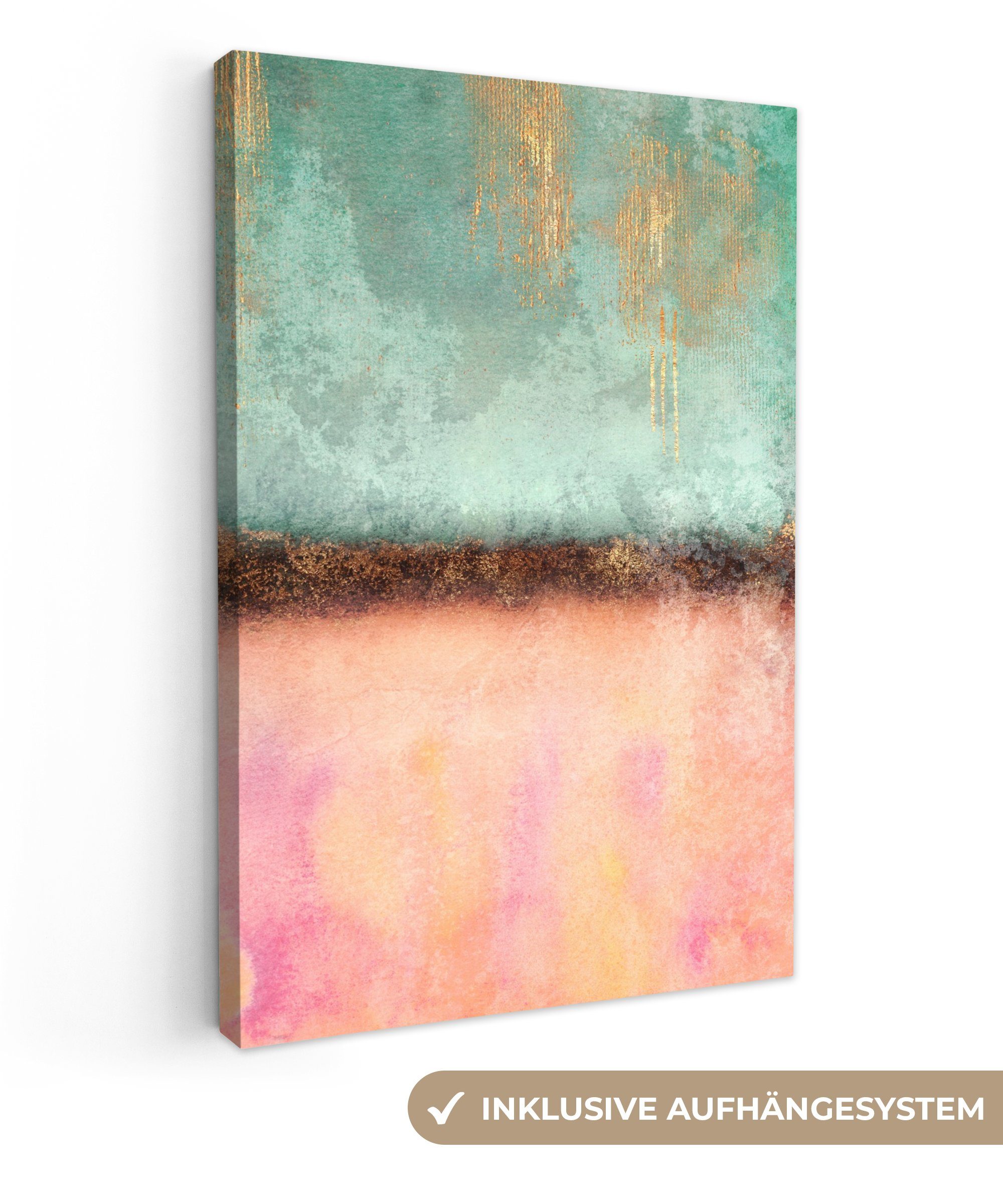 OneMillionCanvasses® Leinwandbild Gold - Farbe - Abstrakt - Grün - Rosa, Fotodruck (1 St), Leinwand Canvas Wandbild, Wanddekoration 20x30 cm