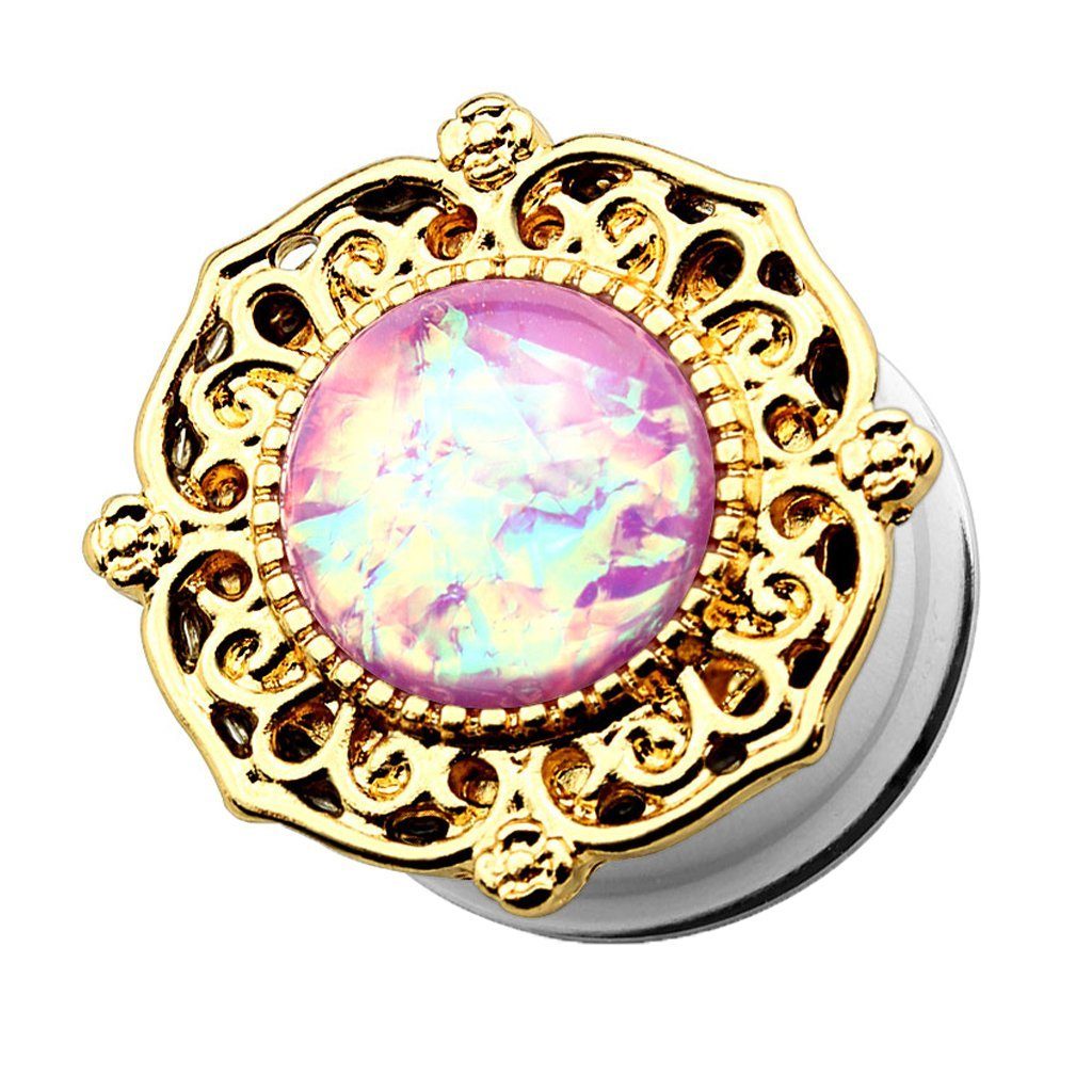 Plug Piercing Ohrpiercing Tribal Gold IP mit Opal Pink