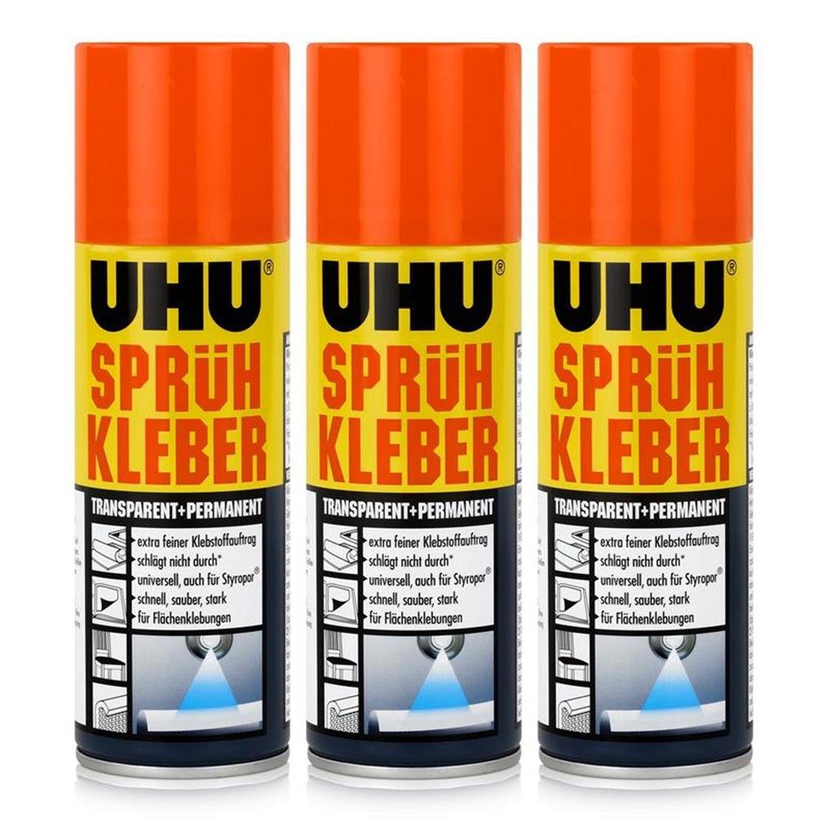 UHU Bastelkleber 3x UHU Sprüh Kleber Transparent + Permanent 200 ml, Bastelleim