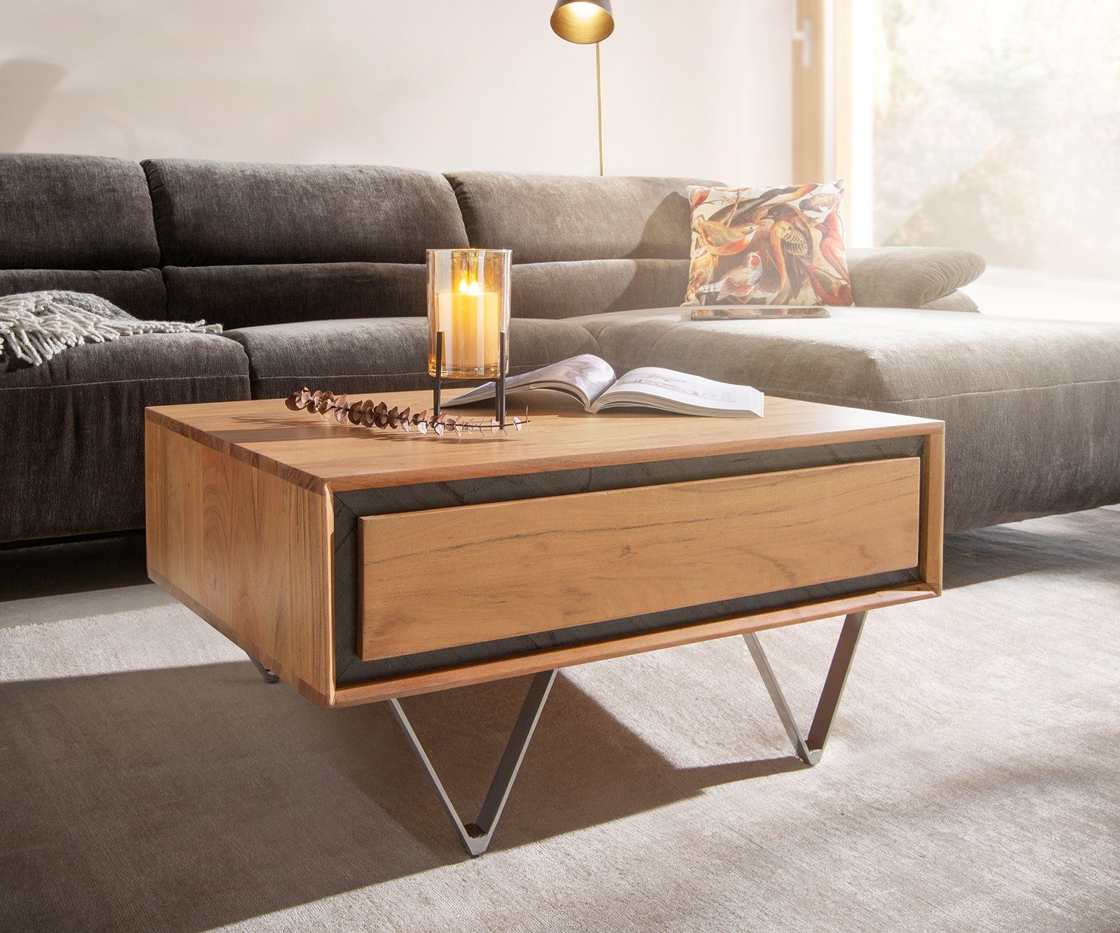 DELIFE Couchtisch Stonegrace, Akazie Natur 80x60 cm 2 Schubladen Steinfurnier Couchtisch