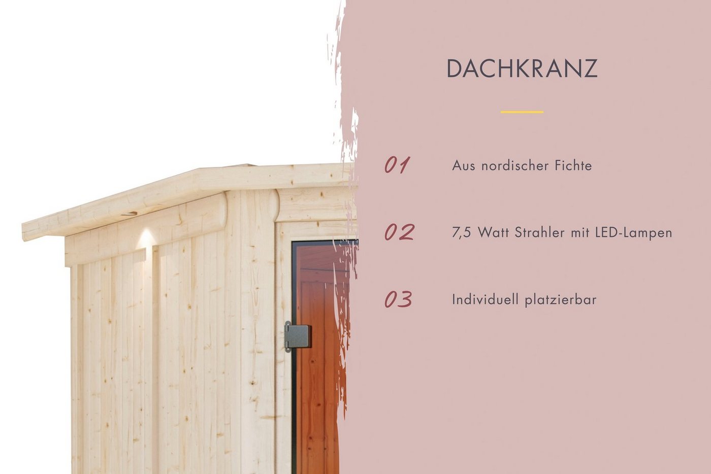 Thumbnail - Karibu Sauna "Sonja" mit bronzierter Tür und Kranz naturbelassen, BxTxH: 224 x 160 x 202 cm, 38 mm