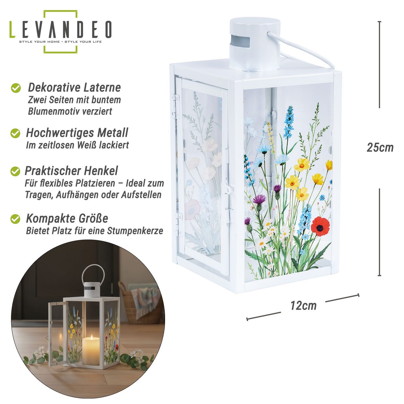 Levandeo® Kerzenlaterne Laterne H25cm Metall Weiß Blumen Frühlingsdeko Windlicht Sommer Tischd – Bild 2 von 5