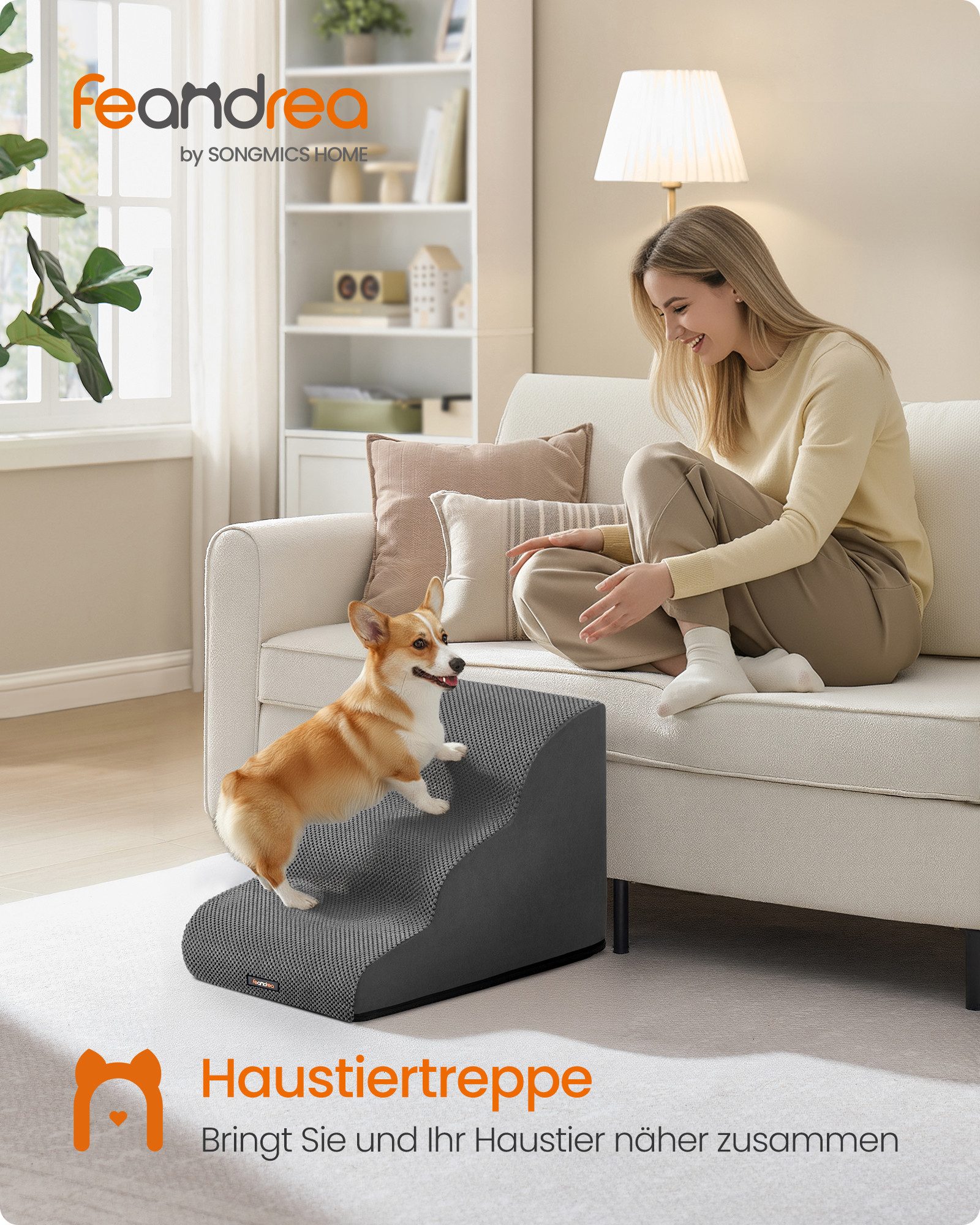 FEANDREA Haustiertreppe 2/3/4-stufig-Hundetreppe,waschbar,rutschfest geringe Neigung für Bett