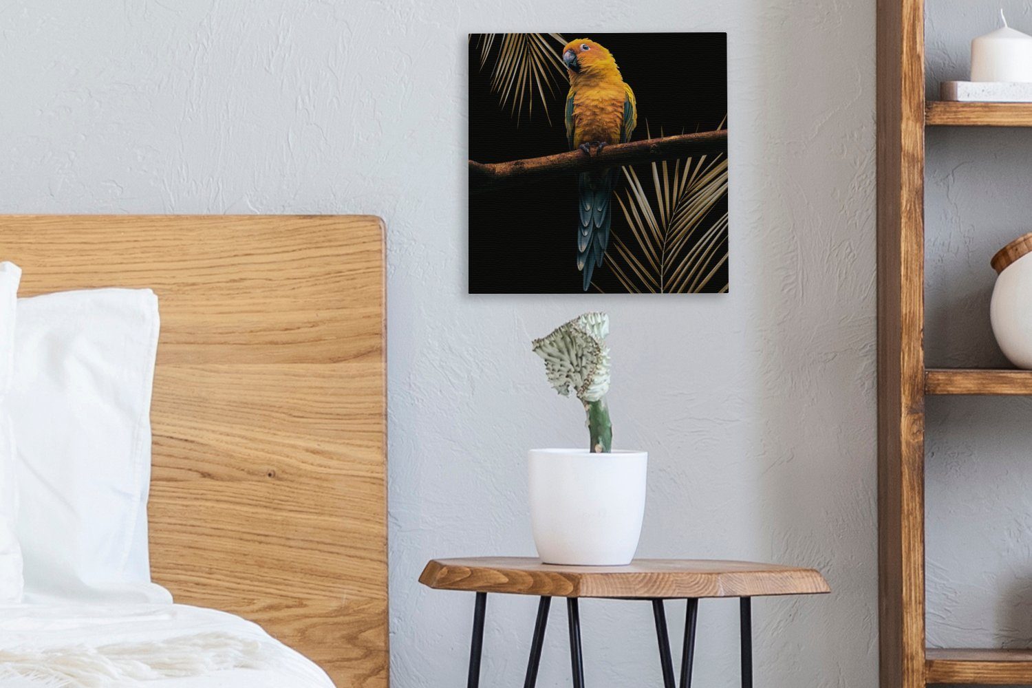 (1 St), Bilder - Schlafzimmer Leinwandbild OneMillionCanvasses® - Zweig - Leinwand Wohnzimmer Papagei Vogel Farn, für
