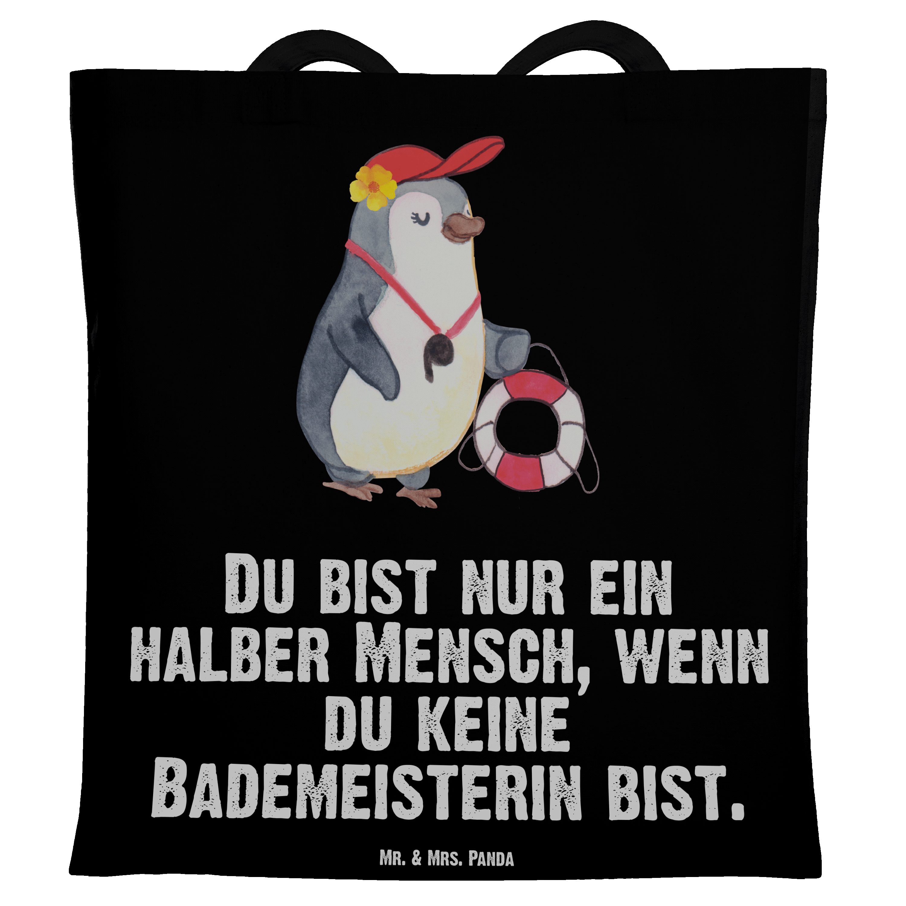 Mr. & Mrs. Panda Tragetasche Bademeisterin mit Herz - Schwarz - Geschenk, Beutel, Badeanstalt, Ret (1-tlg)