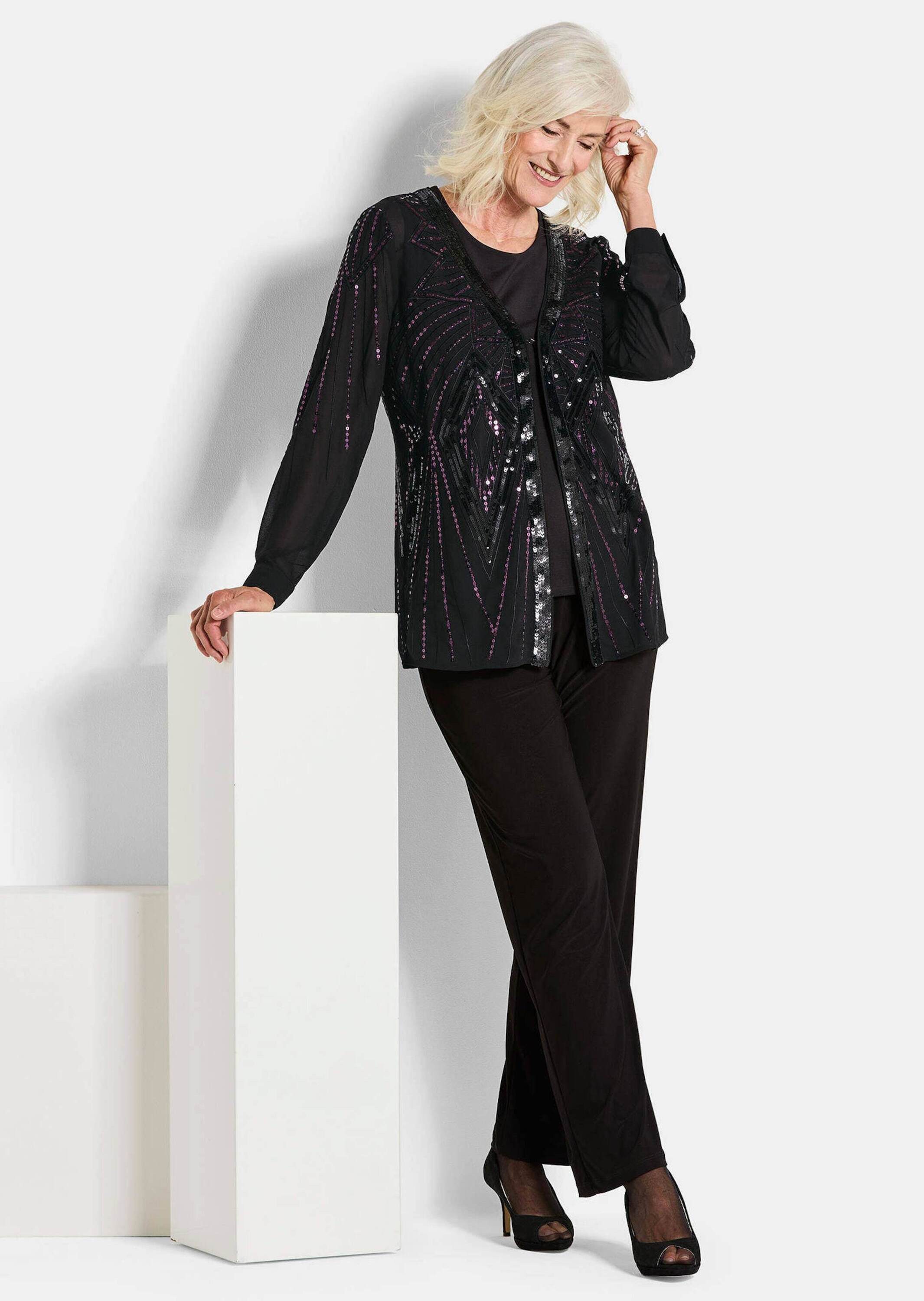 GOLDNER Chiffonbluse Edle Pailletten-Jacke mit V-Ausschnitt Blusenjacke mit grafischem Muster, Häkchenverschluss und Langarm