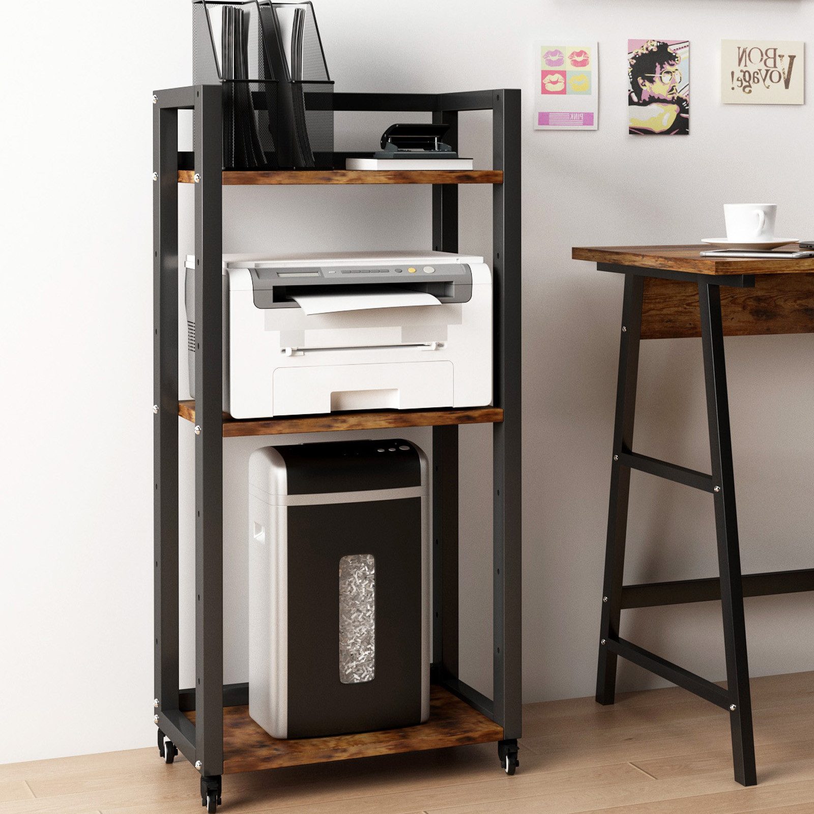 PUNCIA Druckertisch 3 Etagen Heim Büro mit Raddrucker Kopierer Aufbewahrungshalter Tisch (1-St), 360°-Industrieräder, höhenverstellbar, 53x35x101,5 cm