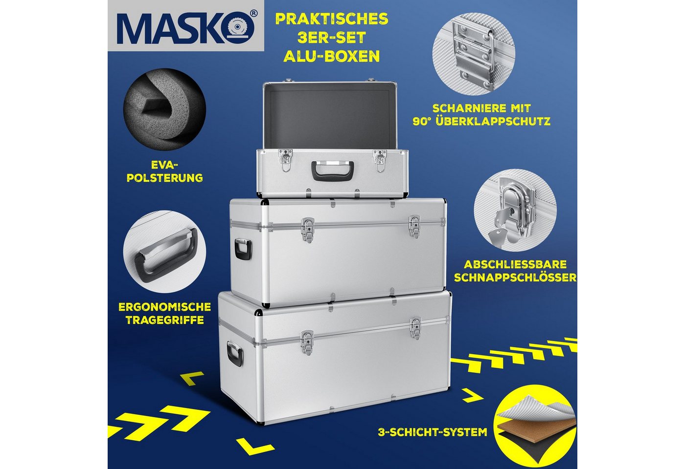 Thumbnail - MASKO Stapelbox, 3er SET Alu Boxen Alubox Alukiste Transportbox Werkzeugkiste