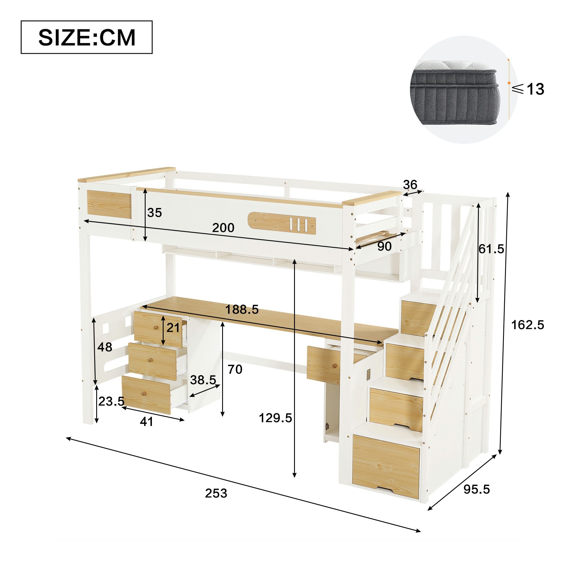 TavilaEcon Hochbett Holzbett mit Schreibtisch, Schubladen, Stauraumtreppe und Hängeregal (1-St) 90x200 cm, weiß+natur – Bild 4 von 5
