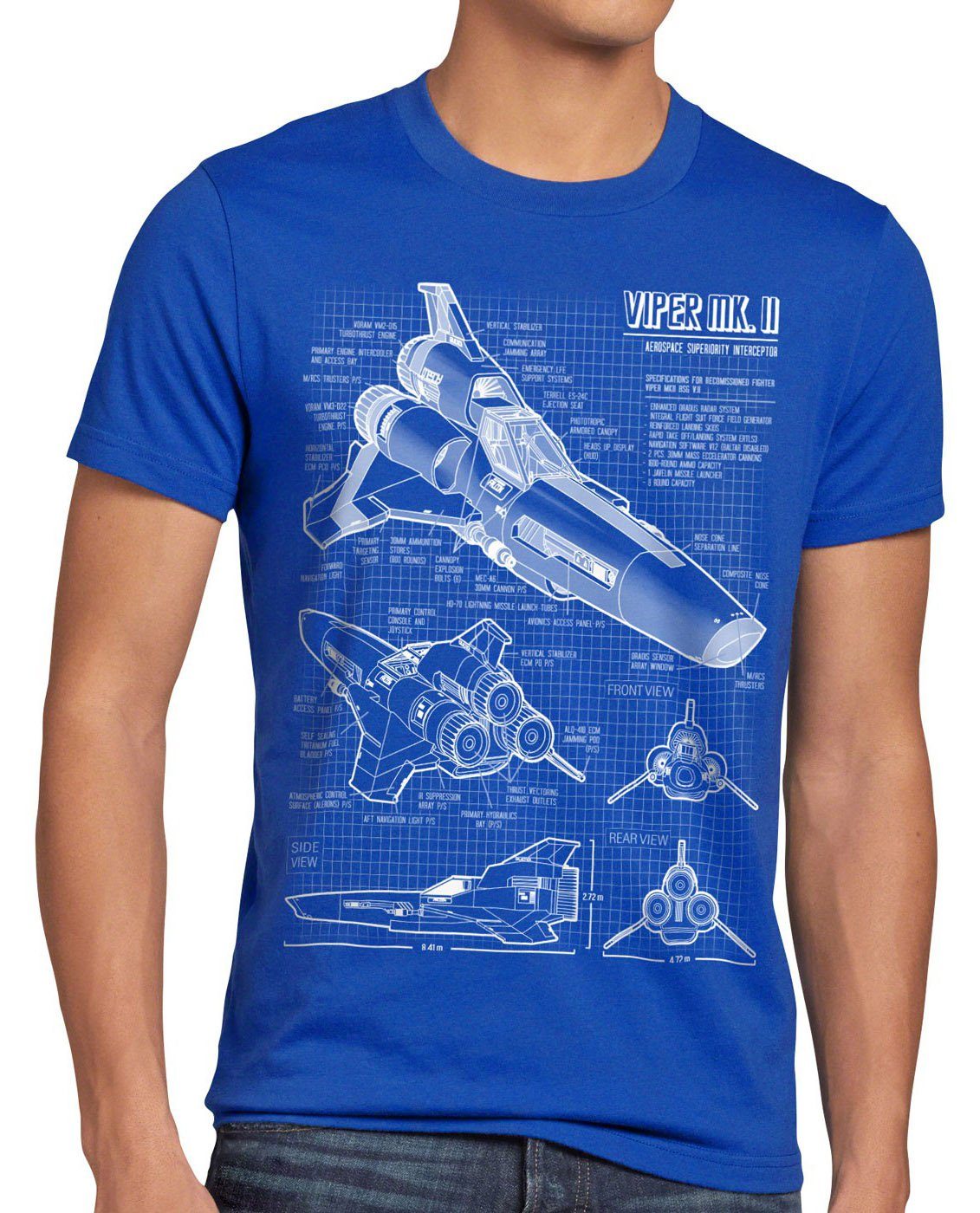 style3 Print-Shirt Herren T-Shirt Viper MK2 galactica kampfstern battlestar jäger zylon galaktika blau | T-Shirts